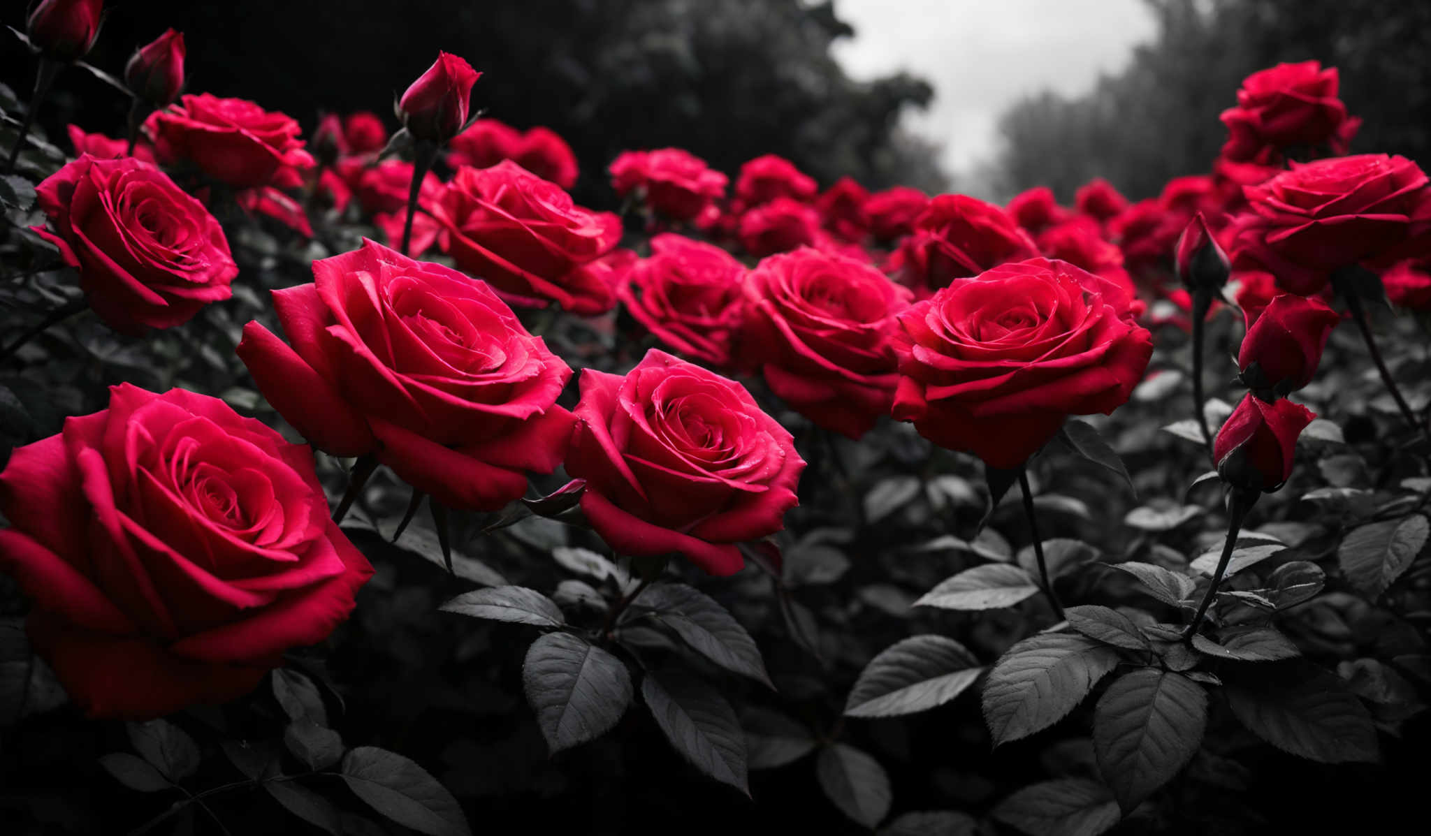 The image showcases a vibrant array of red roses. The roses are in full bloom, displaying their characteristic layered petals that open outwards in a spiral pattern. The leaves surrounding the roses have a dark green hue, contrasting with the bright red of the flowers. The background is slightly blurred, emphasizing the rosery, and hints at a garden setting with trees and possibly a pathway.