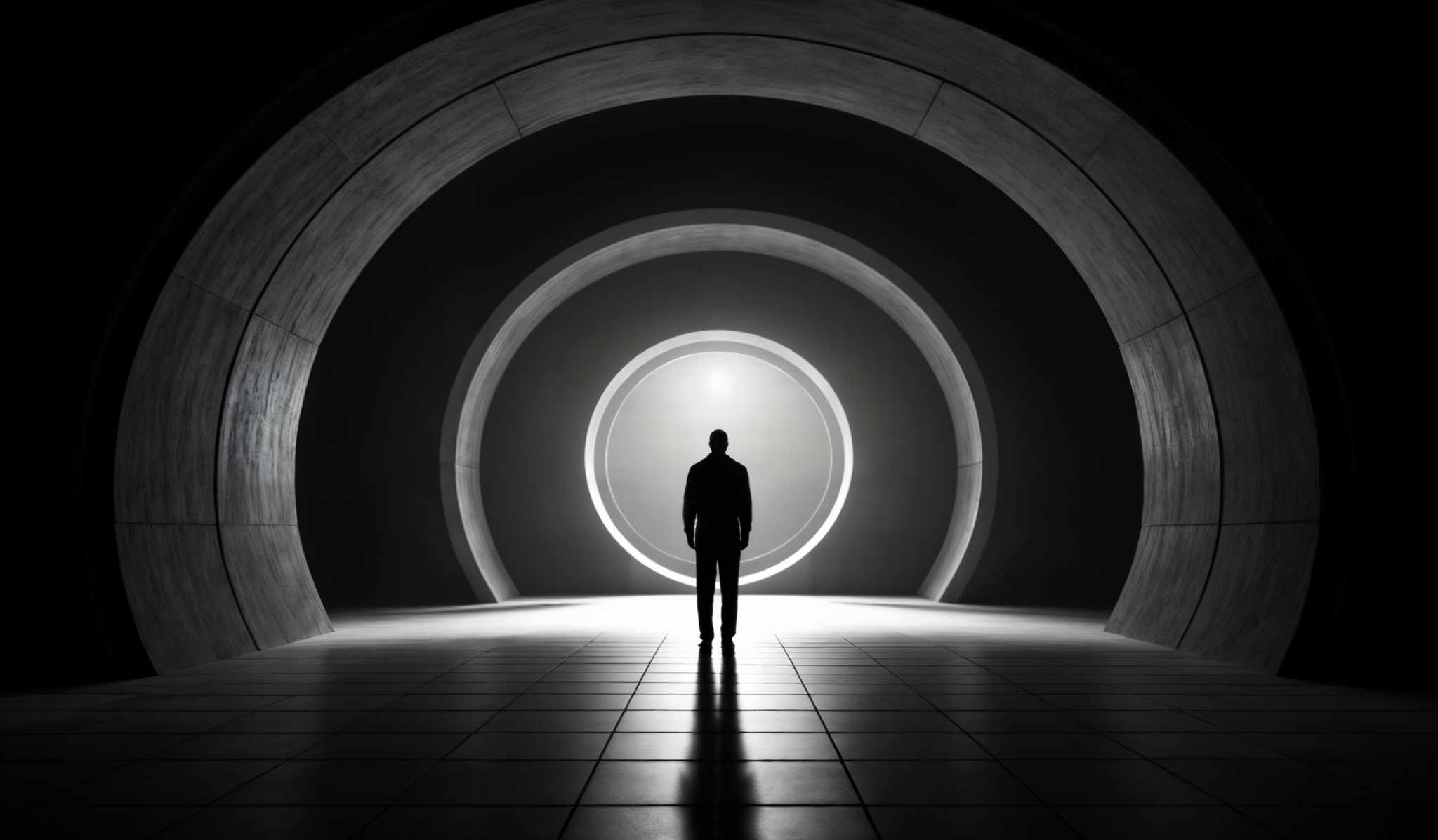 The image predominantly features shades of black, white, and gray. It showcases a series of concentric arches that appear to be made of a smooth, reflective material. The central arch is the largest and emits a bright light, creating a stark contrast with the surrounding darkness. In the foreground, there's a silhouette of a person standing with their back to the viewer, casting a shadow on the tiled floor. The overall ambiance of the image is mysterious and contemplative.