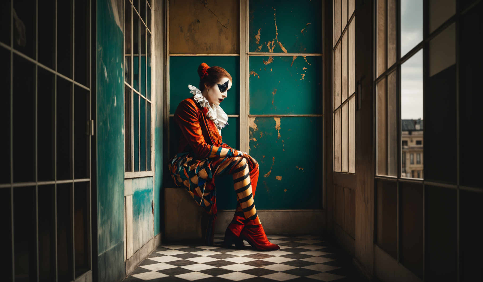 The image showcases a person dressed in a vibrant, multicolored outfit with a predominant red hue. The person has a unique makeup style, featuring black and white patterns on the face, resembling a clown or theatrical makeup. The background consists of a room with a checkered floor, old and peeling blue walls, and large windows that let in natural light. The overall ambiance of the image is moody and dramatic.