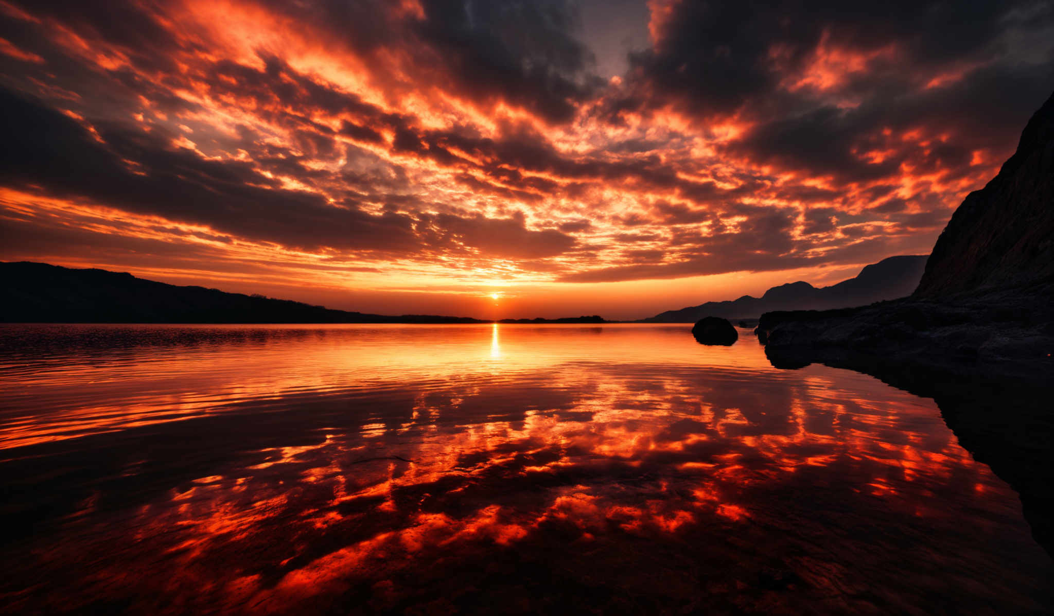 The image showcases a breathtaking sunset over a calm body of water. The sky is painted with a vibrant mix of oranges, reds, and purples, with the sun nearing the horizon casting a golden hue. The clouds are dramatic, with some appearing fiery and others dark, adding depth to the scene. On the right side, there's a rugged cliff or rock formation, and the water reflects the fiery colors of the sky, creating a mirror-like effect. The calmness of the water suggests a serene environment, possibly away from urban disturbances.