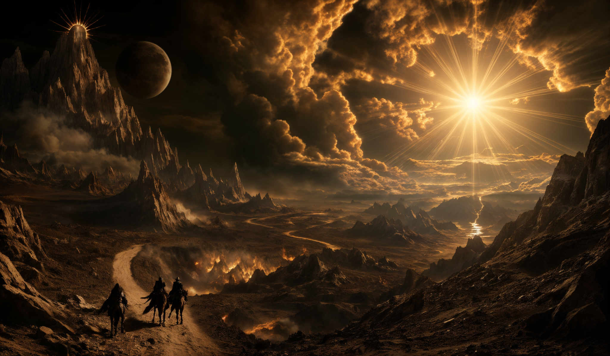 The image showcases a dramatic and intense landscape. Dominating the scene is a towering, jagged mountain peak that emanates a radiant light, possibly from a celestial body. The sky is filled with fiery, golden clouds, and a brilliant sun is shining brightly, casting its light onto the scene below. There are two celestIAL bodies, possibly moons, visible in the sky. The landscape is rugged with sharp rock formations, and there's a winding path leading towards the mountain. On this path, three figures can be seen, possibly on a journey or expedition. The entire scene is bathed in a warm, golden hue, creating a sense of awe and wonder.