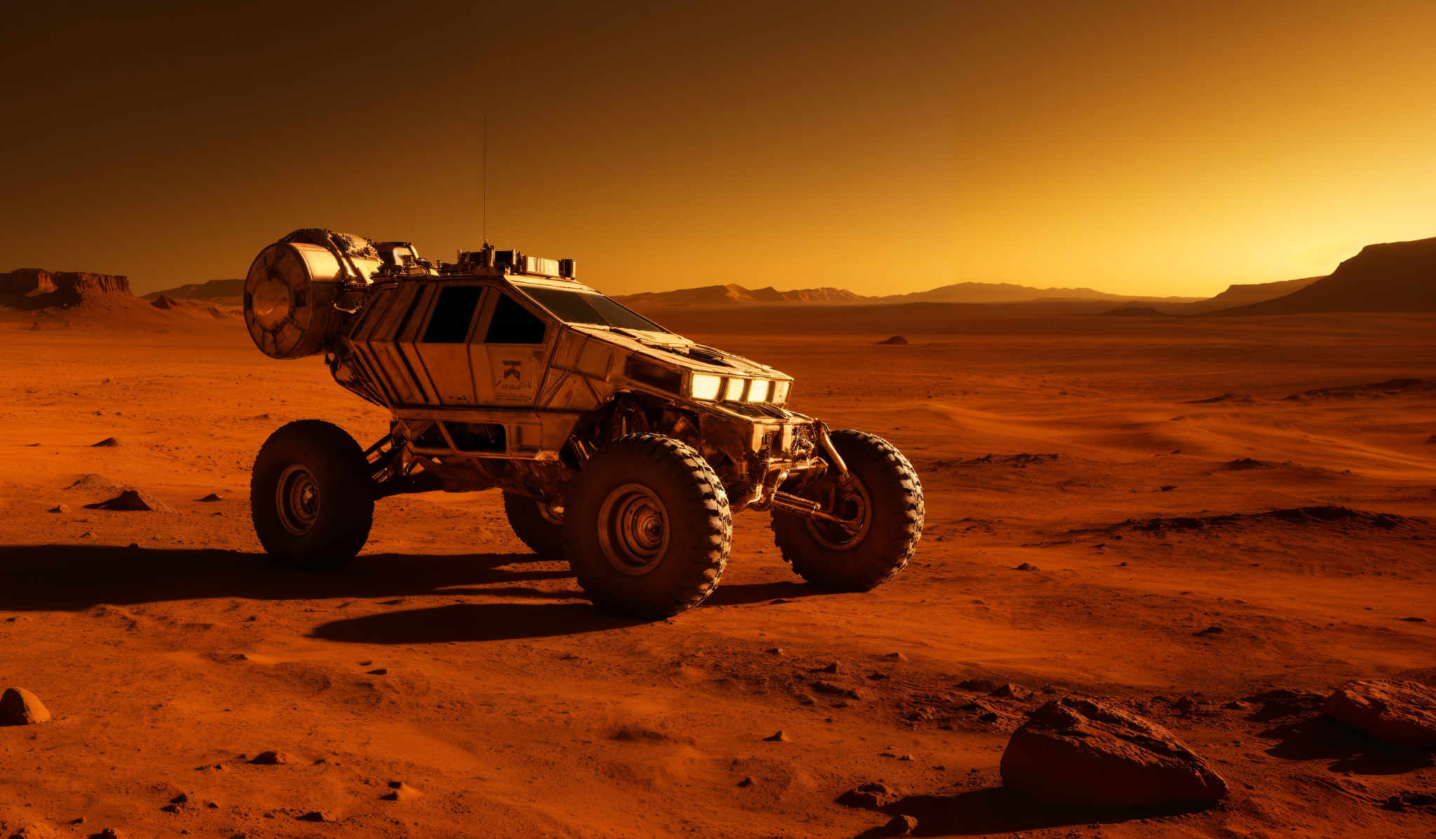 The image showcases a vast, barren landscape with a dominant reddish-orange hue, indicative of a desert or a planet like Mars. The sky is clear with a gradient of orange to deep red, suggesting either a sunrise or sunset. Dominating the foreground is a rugged, off-road vehicle, possibly designed for exploration on such terrains. The vehicle is equipped with large wheels, antennas, and various equipment on its top. The terrain is uneven with scattered rocks and a distant horizon featuring more rock formations.