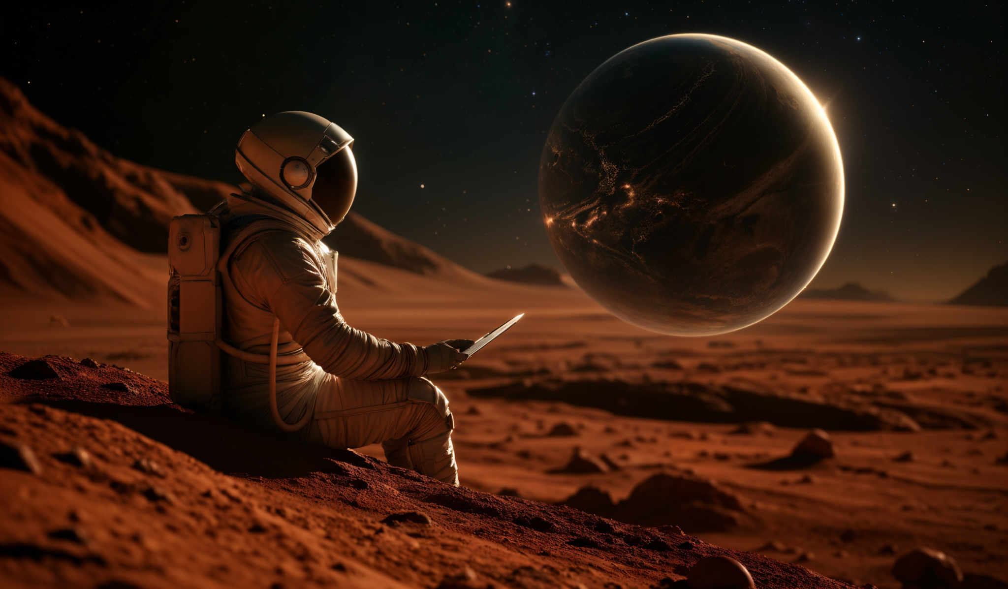 The image showcases a vast, barren landscape with reddish-brown terrain. The sky is dark, dotted with stars, and dominated by a large, detailed planet. The planet appears to be Earth, with visible continents and oceans. In the foreground, an astronaut in a white spacesuit is seated on the rocky ground, holding a tablet or device. The astronaut's helmet is white with a reflective visor, and the backpack attached to the suit is white as well. The overall mood of the image is one of solitude and contemplation.