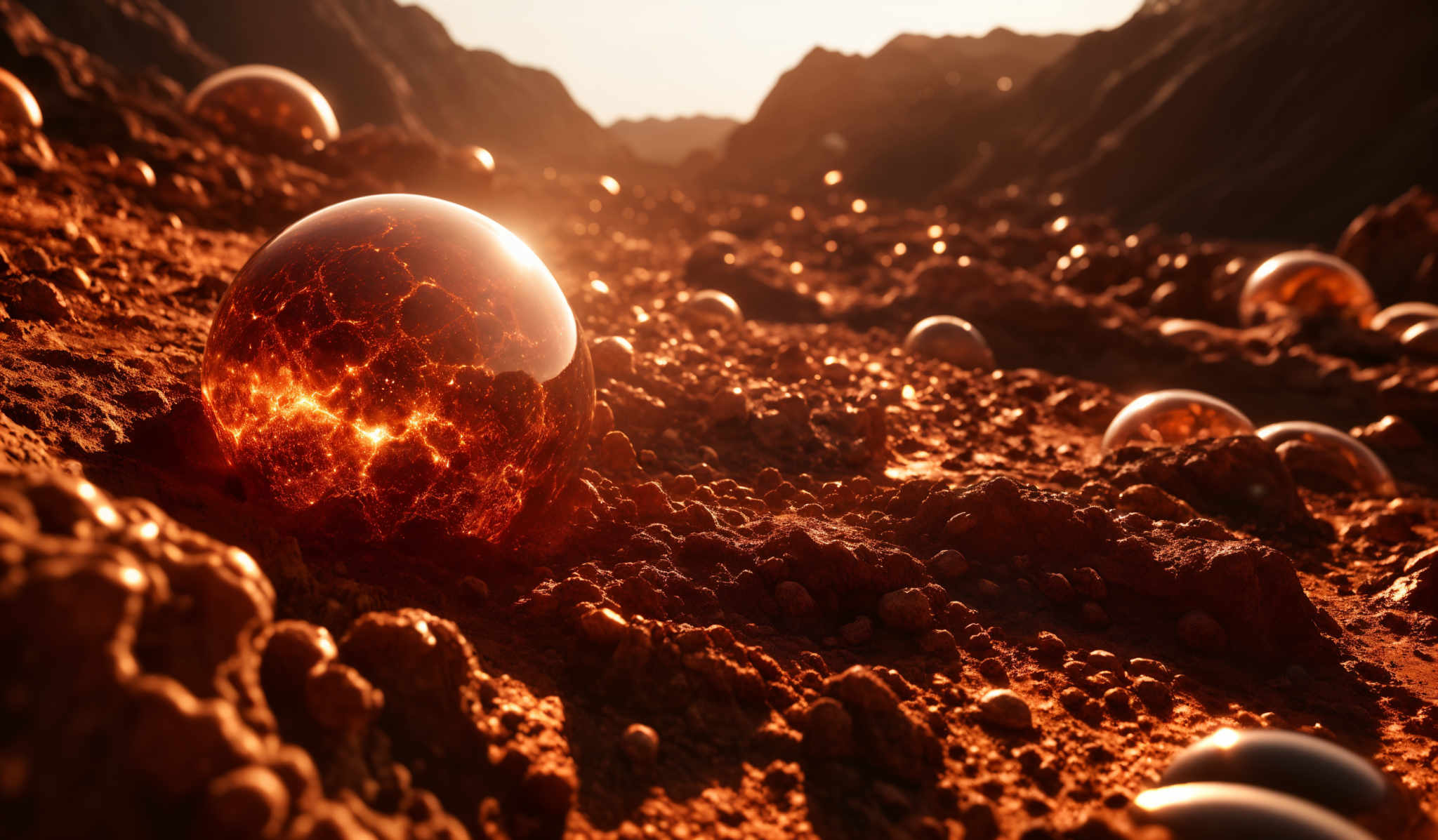 The image showcases a landscape with a reddish-brown hue, reminiscent of a desert or rocky terrain. The ground is uneven with small rocks and pebbles scattered throughout. Dominating the foreground is a large, translucent sphere that appears to be made of molten lava or some other fiery substance. It emits a bright, glowing light, illuminating the surrounding area. The sphere's surface displays intricate patterns, resembling the fiery and tumultuous nature of molted lava. In the background, there are more such spheres, and the entire scene is bathed in a warm, golden light, possibly from a setting or rising sun.