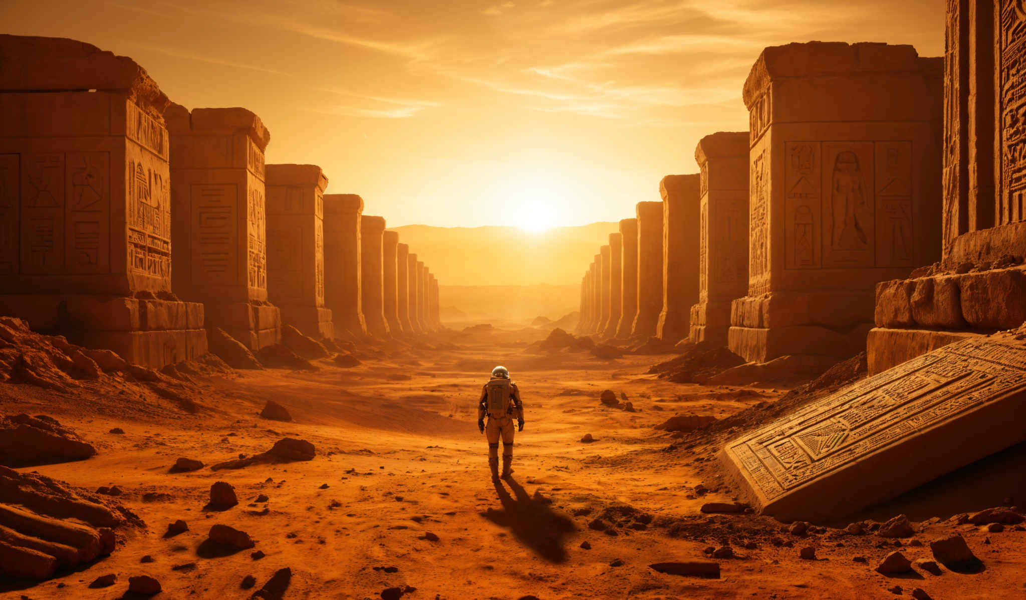 The image predominantly features warm hues of orange and gold, creating a sunset or sunrise ambiance. The scene is dominated by tall, vertical stone structures with intricate carvings and hieroglyphs. These structures are aligned in a straight path, leading the viewer's eye towards a radiant sun that casts a golden glow over the entire scene. In the foreground, there's a lone figure, possibly an astronaut, standing and observing the ancient ruins. The ground is covered in sand and scattered rocks, and there are fallen stone blocks with carvitions on them.