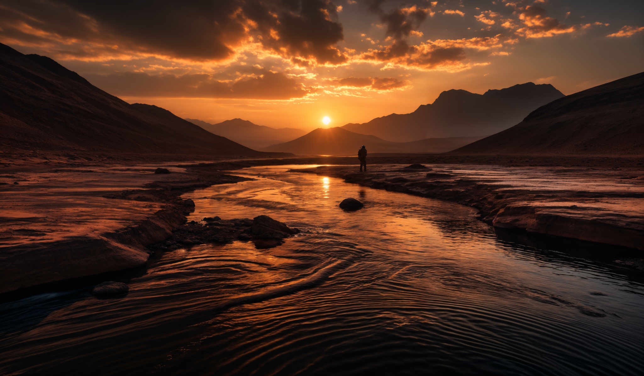 The image showcases a breathtaking landscape during sunset. The sky is painted with hues of orange, gold, and deep blue, with the sun casting a golden glow over the scene. The sun is positioned near the horizon, casting long shadows across the landscape. The mountains in the background are silhouetted against the sky, adding depth to the scene, while the foreground features a winding river with ripples, reflecting the sun's light. A solitary figure stands by the river, adding a sense of scale and contemplation to the image, emphasizing the vastness and beauty of nature.