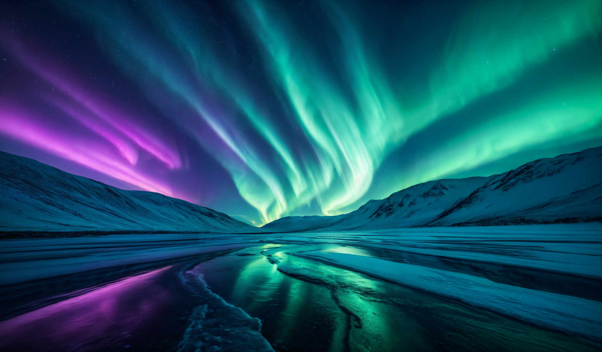 The image showcases a breathtaking view of the Northern Lights, also known as the Aurora Borealis. The colors range from deep purples and blues to vibrant greens and teals. The lights dance across the night sky, creating a mesmerizing pattern that seems to flow and undulate. Below, a serene landscape is visible with snow-covered mountains and a frozen body of water reflecting the lights above. The scene is illuminated by the natural glow of the lights, casting a soft light on the snowy terrain.