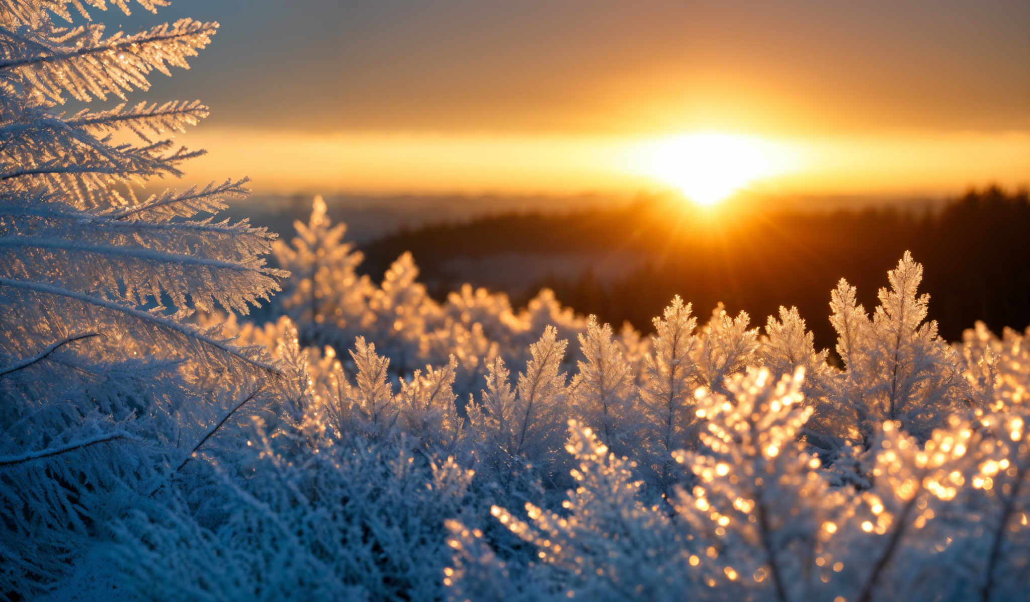 The image showcases a breathtaking winter landscape during sunset. The dominant colors are shades of blue, white, and gold. The foreground is dominated by frost-covered plants, which appear as delicate, crystalline structures, glistening under the sunlight. These plants are shaped like feathery branches, covered in a thick layer of frost, giving them a sparkling appearance. The background reveals a vast expanse of snow-cover trees, with the setting sun casting a warm, golden hue over the horizon. The sky is painted with shades ranging from deep blue to a soft orange, with clouds adding depth and texture to the scene.