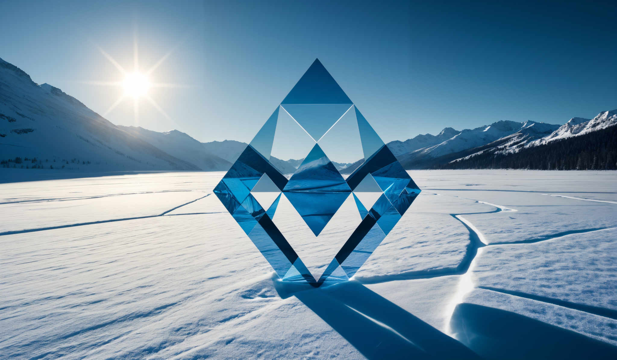 The image showcases a pristine snowy landscape with towering mountains in the background. The sky is clear with a bright sun shining, casting a radiant glow. In the foreground, there's a unique geometric structure made of multiple facets, predominantly in shades of blue. This structure appears to be made of ice or a similar translucent material, as it reflects the snowy surroundings and the sunlight. The facets of the structure are intricately designed, creating a sense of depth and dimension.