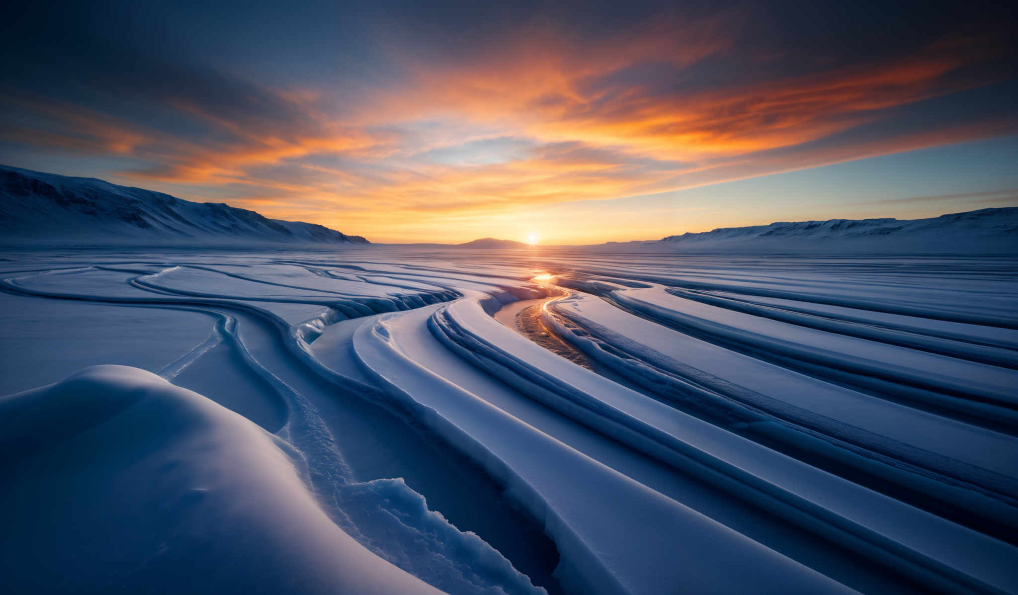 The image showcases a breathtaking landscape during what appears to be sunset or sunrise. The sky is painted with hues of orange, red, and blue, with the sun casting a golden glow. Below, the landscape is dominated by snow-covered terrains with intricate patterns formed by the wind. These patterns resemble meandering rivers or pathways carved into the snow. The foreground features a prominent snow-dome, while the background reveals snow-clad mountains. The overall ambiance is serene and majestic.