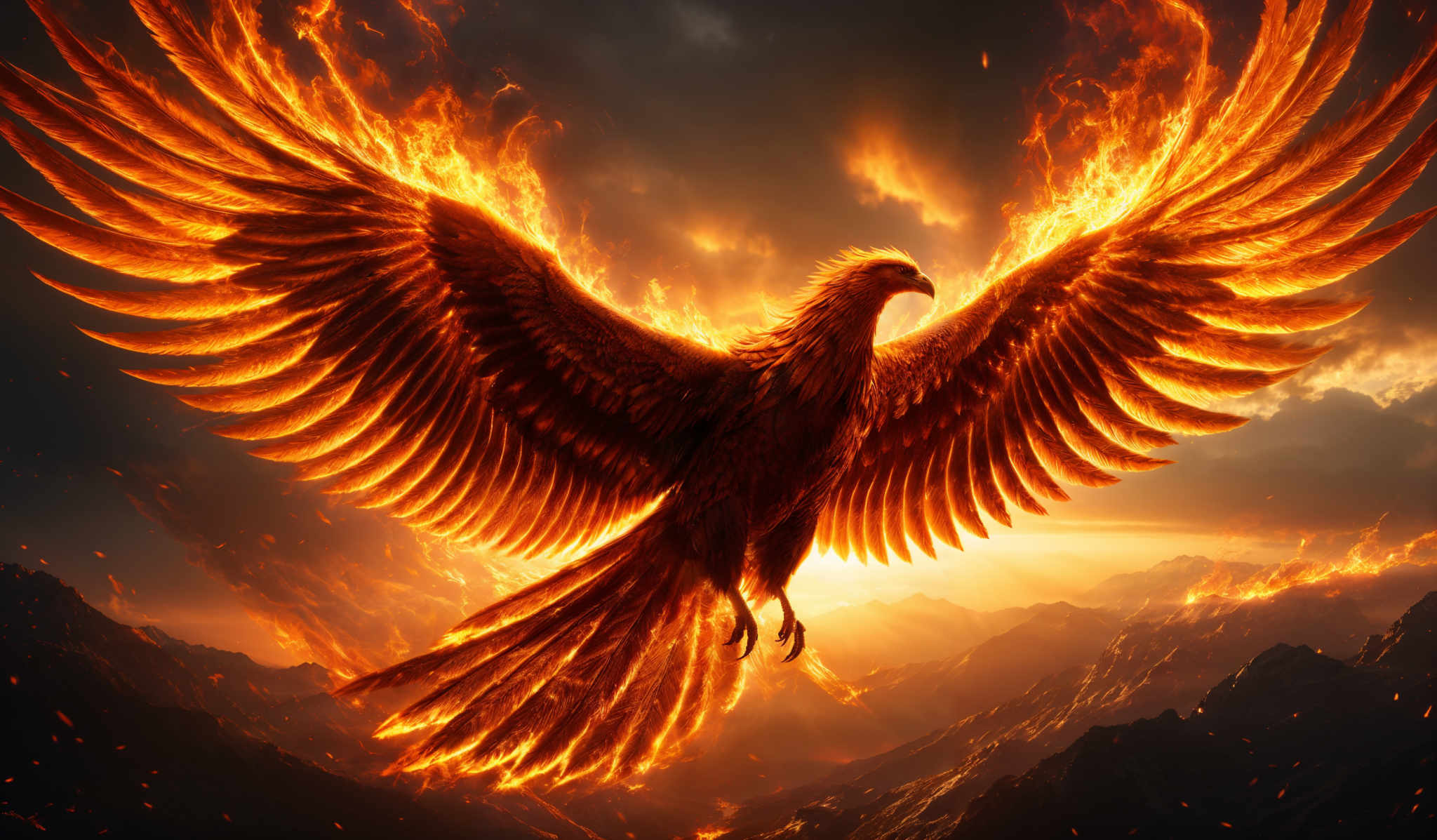 The image showcases a majestic bird, possibly a phoenix, with its wings spread wide. The bird is engulfed in flames, giving it a fiery appearance. The flames are vibrant, with hues of orange, yellow, and red, and they seem to emanate from every feather and part of the bird's body. The background is dark, with silhouettes of mountains and a cloudy sky. The overall ambiance of the image is intense and dramatic, suggesting a pivotal or transformative moment.