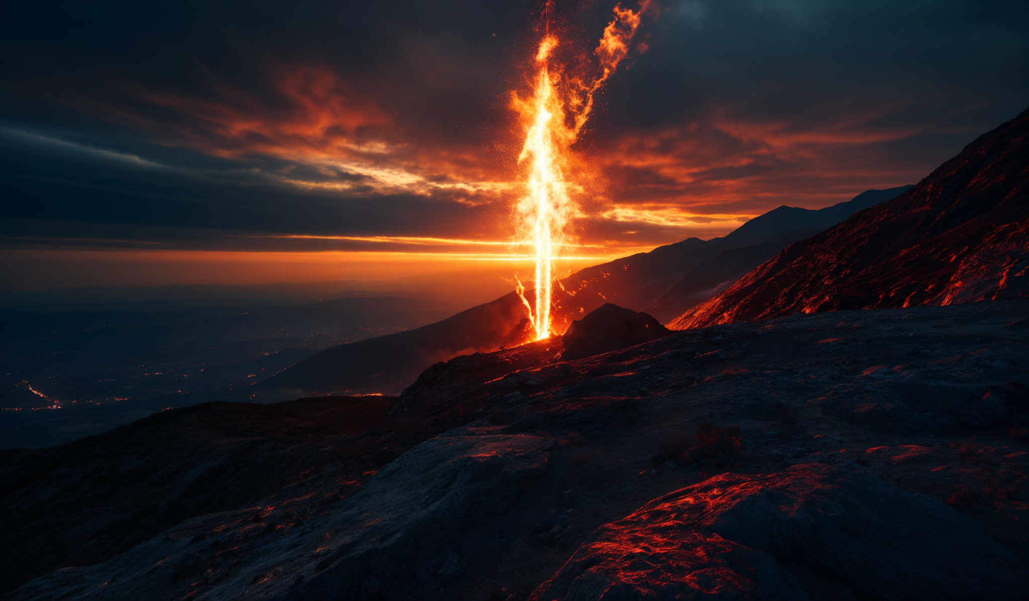 The image showcases a dramatic landscape during what appears to be either sunrise or sunset. Dominating the scene is a tall, vertical column of fire or light, emanating from the ground and reaching upwards. This column is surrounded by a fiery aura, with sparks and embers flying around it. The ground is rugged, with rocky outcrops and a winding pathway leading up to the fire. In the background, there are mountains, and the sky is painted with hues of orange, red, and blue, indicating the transition between day and night.