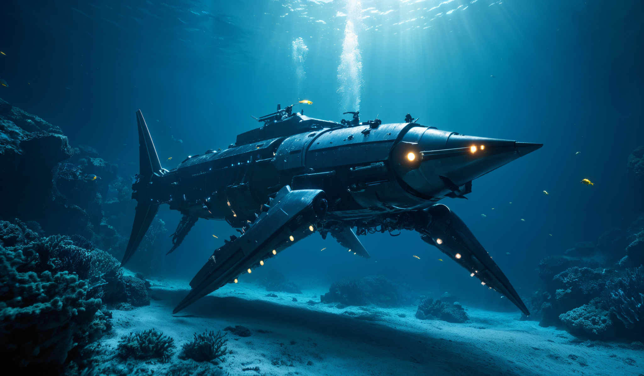 The image showcases a deep underwater scene with a large, intricately designed submarine-like structure. The submarine is predominantly metallic, with a sleek design featuring multiple lights, antennas, and appendages. It has a pointed front, resembling a shark's snout, and its body is elongated with a tail fin. The surrounding environment is rich with marine life, including various fish swimming around. The water is a deep blue, and rays of sunlight penetrate from the surface, creating a serene ambiance. Coral formations can be seen on the ocean floor, and the overall atmosphere is one of mystery and wonder.