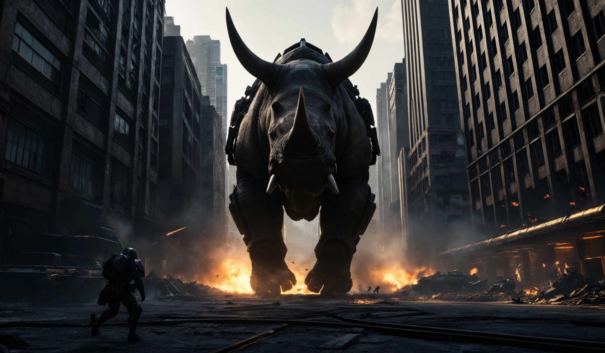 The image showcases a cityscape with tall buildings, some of which appear to be old and worn out. The dominant color palette consists of dark shades, with hints of orange and yellow from the fires and explosions. The central focus is a massive, armored rhinoceros with large horns, standing amidst the chaos. It appears to be a blend of natural and mechanical elements, suggesting a post-apocalyptic or futuristic setting.