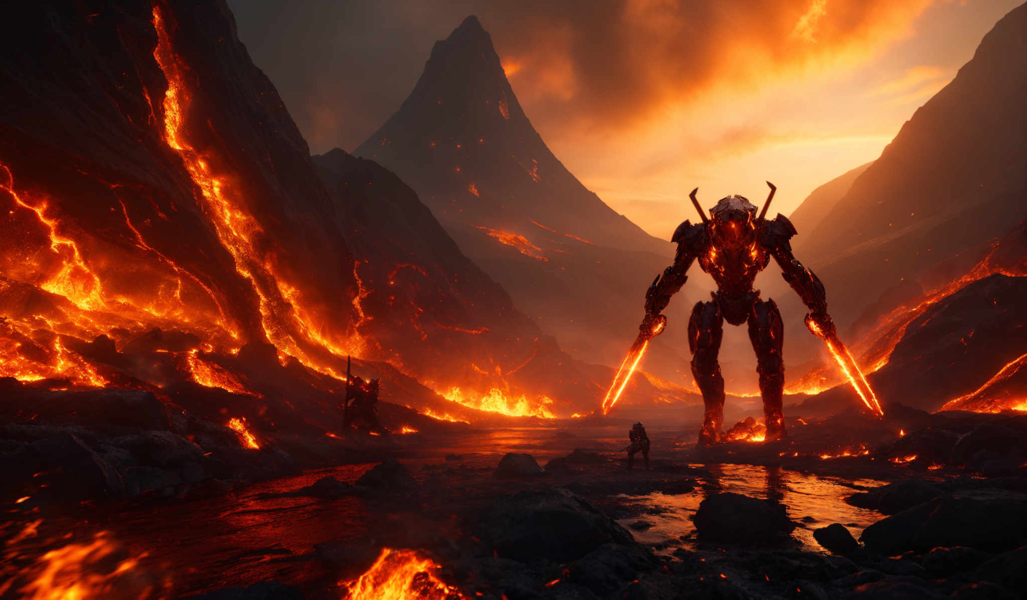 The image showcases a fiery landscape with molten lava flowing down rocky terrains. The dominant colors are shades of orange, red, and black, representing the intense heat and flames. The terrain is rugged with sharp mountain peaks in the background. In the foreground, there's a colossal robotic figure with glowing red eyes and arms, standing amidst the lava. The robot appears to be observing or guarding the area. There are also smaller figures, possibly humans, in the distance, suggesting a sense of scale and adventure.