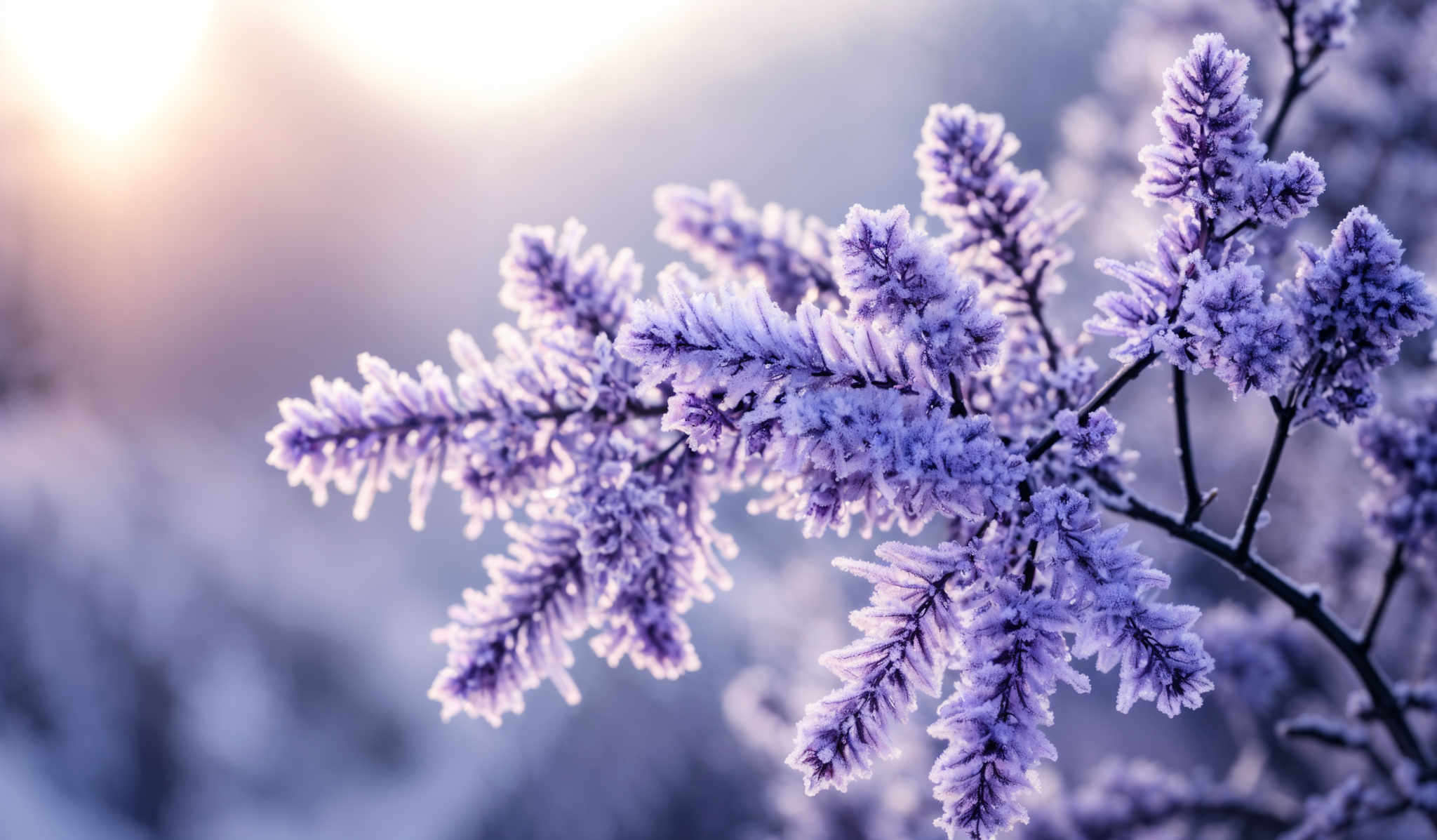 The image showcases a branch covered in frost or rime ice. The frost forms delicate, feathery, and crystalline structures on the branch, giving it a purplish hue. The branch itself is slender and has a darker, almost black, stem. The background is blurred, but it appears to be a cold, wintry setting with a hint of sunlight, casting a warm glow on the frost-covered branch.