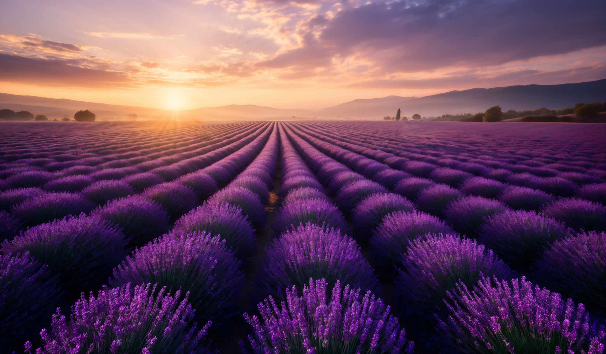 The image showcases a breathtaking landscape of a lavender field during sunset. The lavender bushes are in full bloom, displaying vibrant shades of purple. They are neatly aligned in rows that converge towards the horizon. The sky is painted with hues of orange, pink, and purple, with the sun casting a golden glow over the scene. There are also some clouds scattered across the sky, adding depth and contrast to the colors. In the distance, there are silhouettes of mountains and a few trees, providing a serene backdrop to the vibrantly colored field.