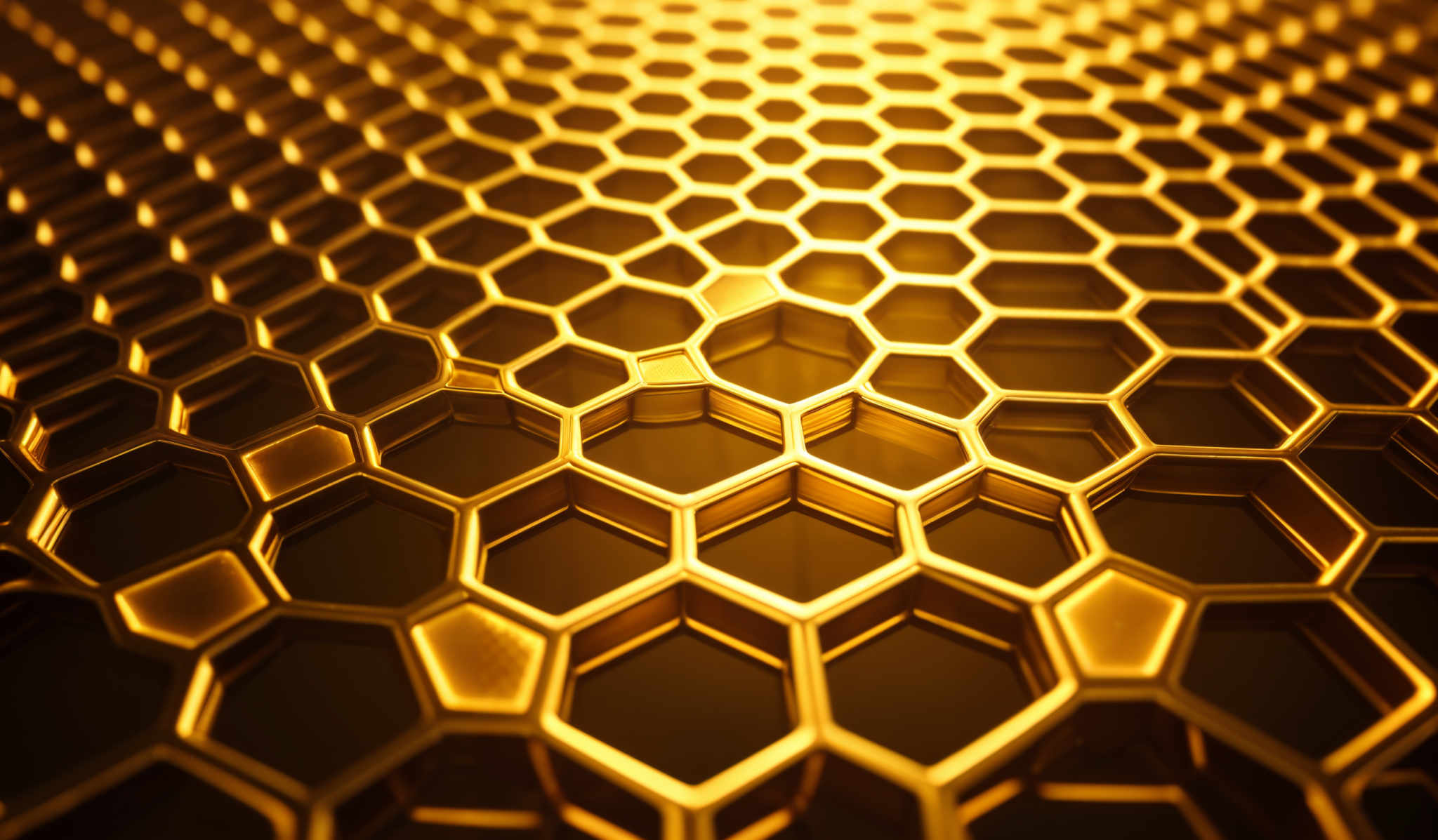 The image showcases a close-up view of a hexagonal pattern. The hexagons are interconnected, forming a mesh-like structure. The color palette is dominated by shades of gold and amber, giving it a warm and luxurious feel. The lighting accentuates the depth and texture of the hexagones, creating a three-dimensional effect.