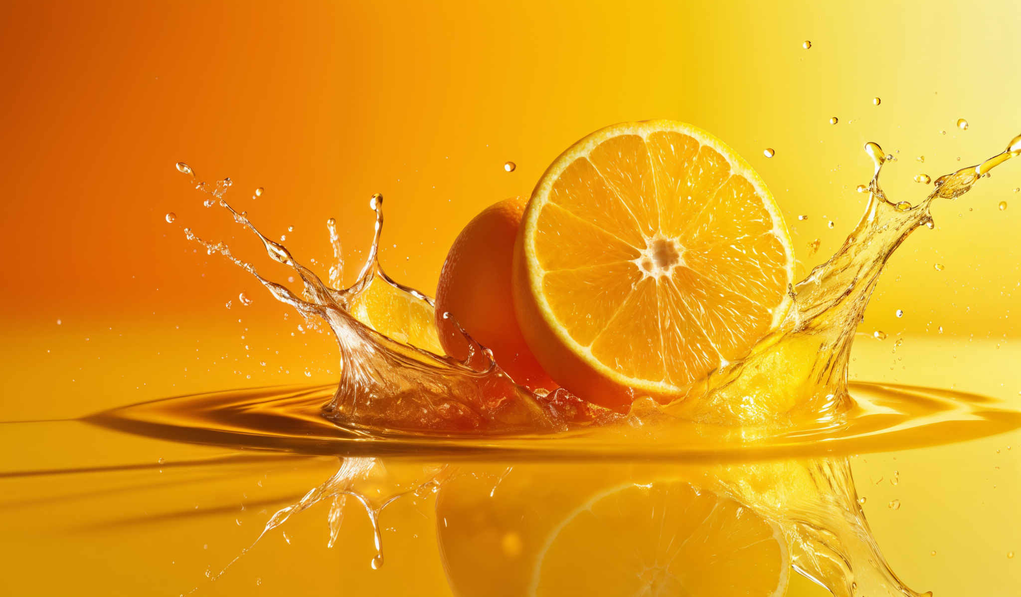 The image showcases a vibrant scene where a slice of an orange is submerged into a liquid, causing a splash. The liquid is a clear, translucent color, possibly water, and the splash forms intricate patterns, with droplets suspended in the air. The orange slice is circular in shape, with a vivid orange hue, and it's positioned centrally in the image, making it the focal point.