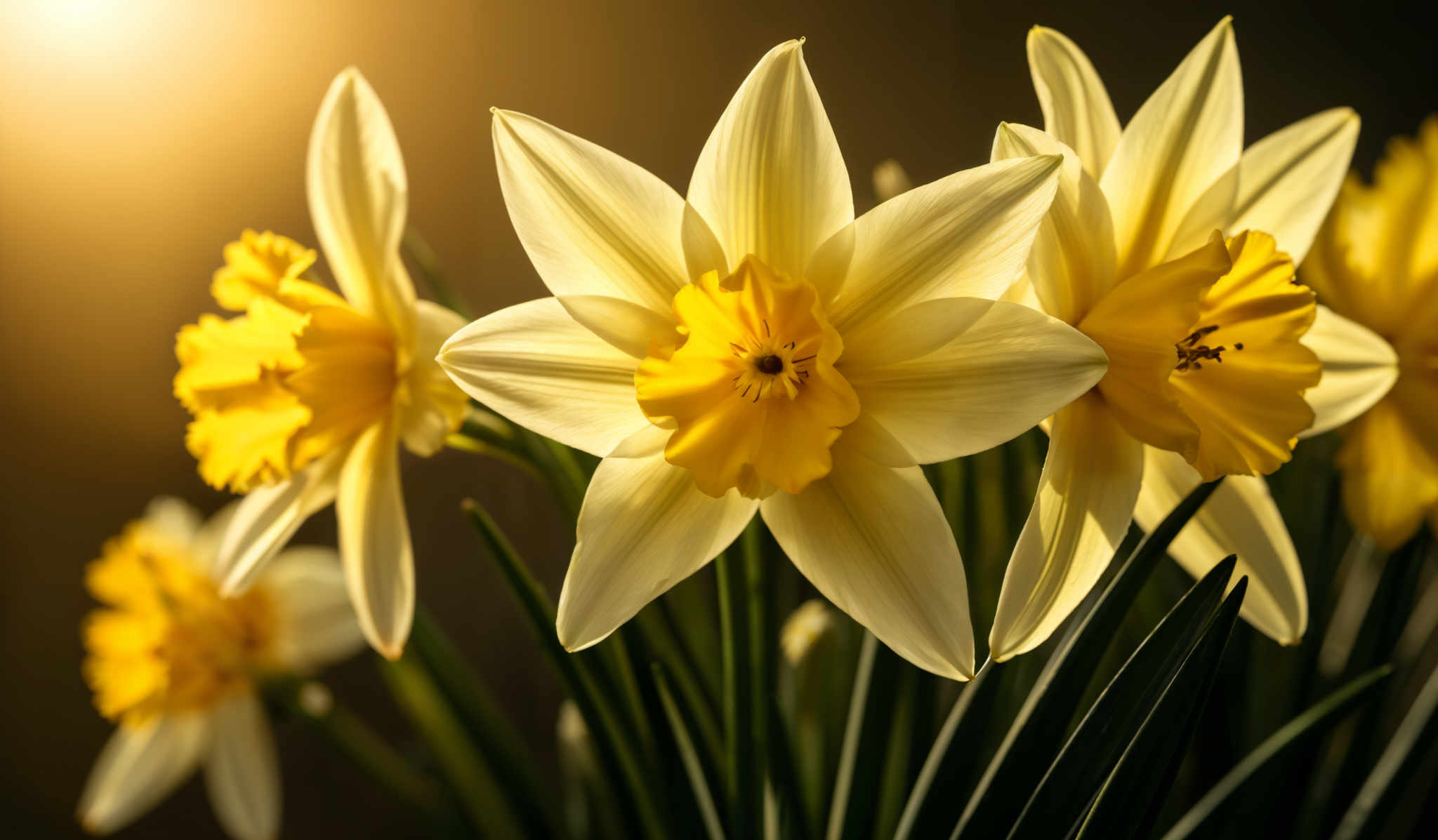 The image showcases a group of daffodils. They have a trumpet-shaped yellow petal with a central core that is also yellow. The petals have a white edge, giving them a layered appearance. The background is dark, which accentuates the brightness of the daffodsils. The sunlight seems to be coming from the top left, casting a warm glow on the flowers.