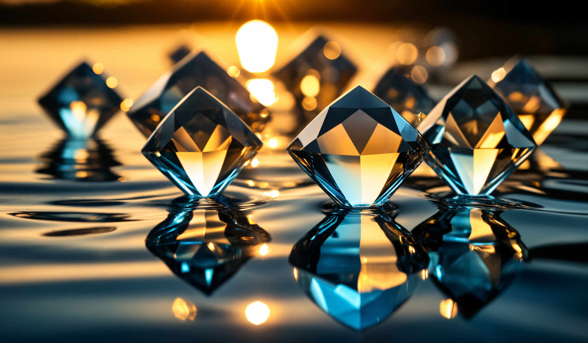 The image showcases several diamond-like objects with a clear blue hue, reflecting the golden light from the setting or rising sun. These objects are positioned on a surface that appears to be water, as evidenced by the ripples and reflections. The sun casts a warm, golden glow, illuminating the diamonds and creating a contrast between the cool blue of the diamond and the warm golden light.