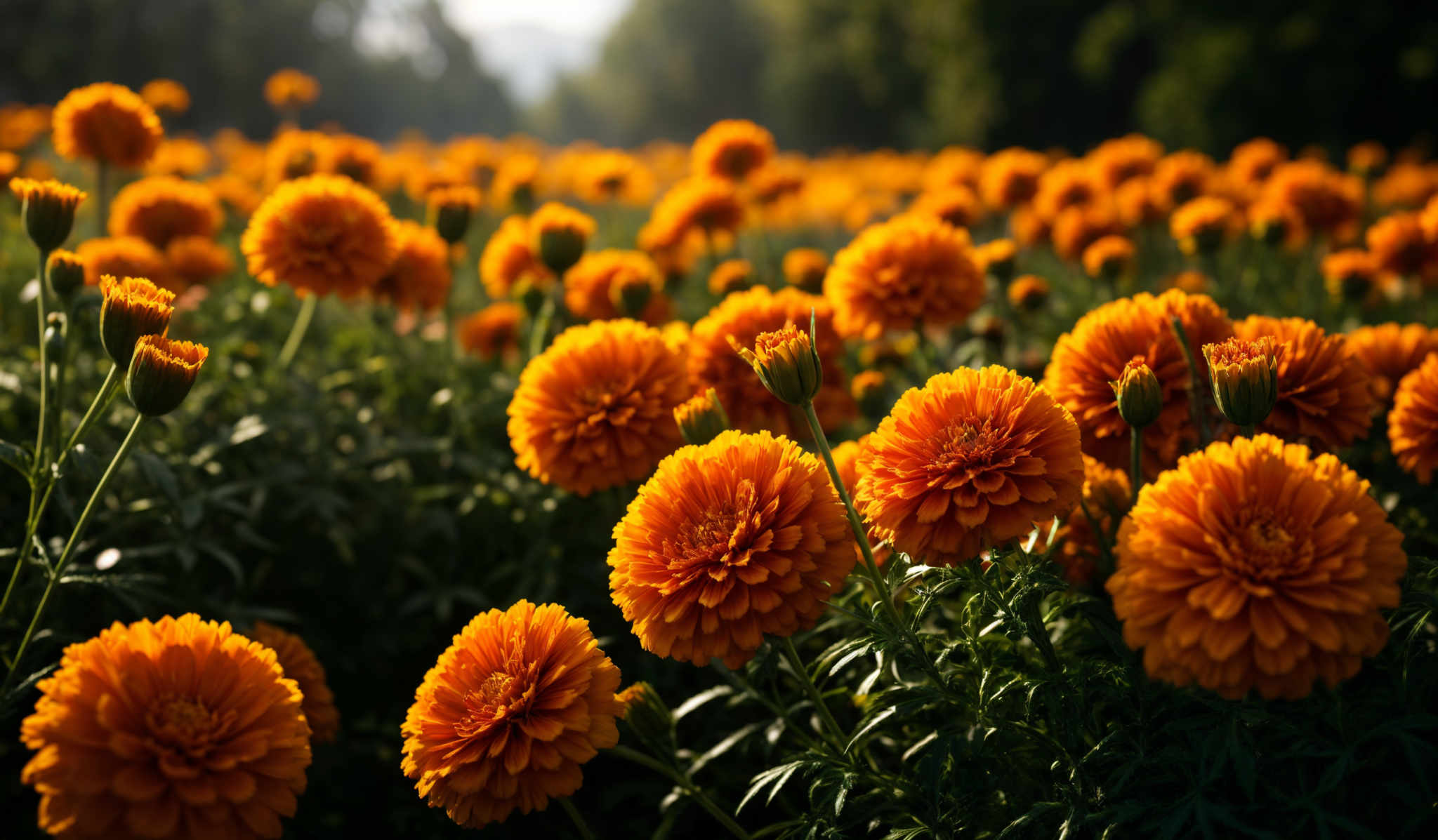 The image showcases a vibrant field of orange flowers. The flowers have a round, double-layered shape with multiple layers of petals radiating outwards. The green foliage surrounding the flowers is dense, providing a contrast to the bright orange hue of the flowers.