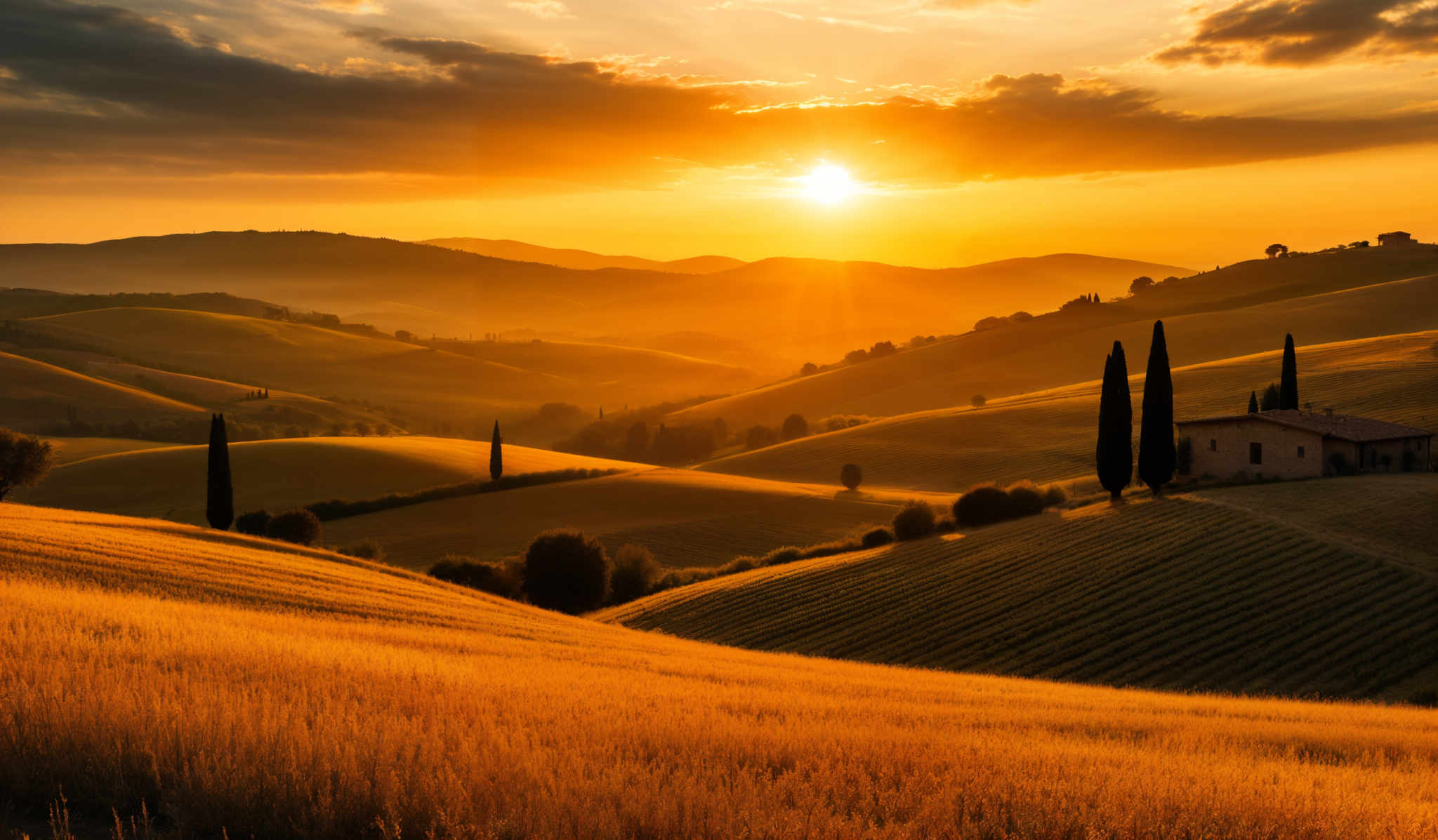 The image showcases a breathtaking landscape during sunset. The dominant colors are warm hues of orange, gold, and deep reds, contrasted with the cooler tones of the shadows. The rolling hills are depicted in varying shades of green, with some areas appearing lighter due to the sun's rays. The sun itself is a radiant orb, casting a golden glow over the entire scene. The landscape features a mix of cultivated fields, trees, and a solitary structure, possibly a farmhouse, nestled among the hills. Tall cypress trees stand as sentinels on the left side, and the distant mountains add depth to the horizon.