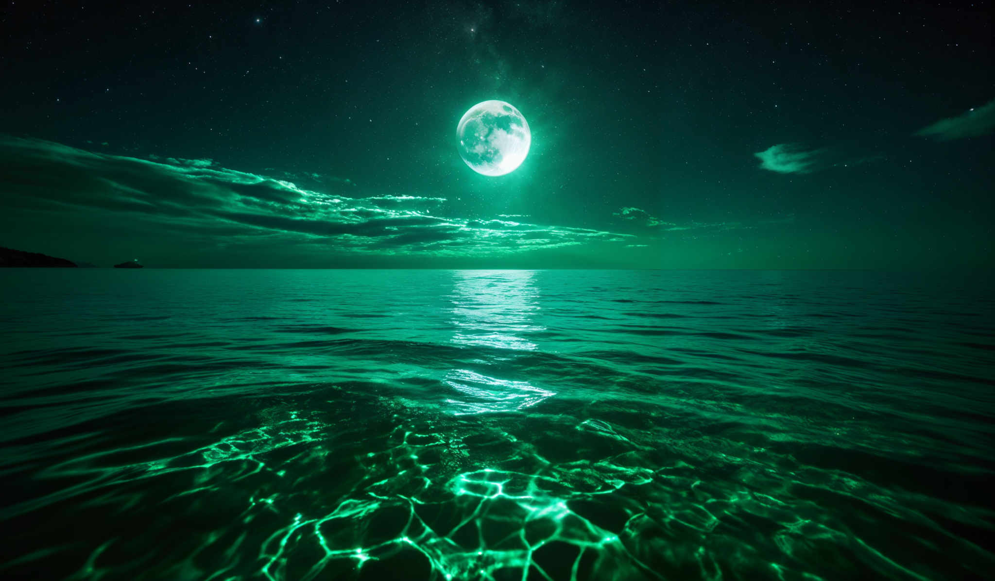 The image showcases a mesmerizing night scene with a dominant shade of deep blue. A large, luminous moon is prominently displayed in the sky, casting a glow on the clouds below. The moon's reflection shimmers on the calm waters below, creating a shimmering pathway of light. The horizon showcases the silhouette of a distant landmass or island. The sky is dotted with stars, and there are wispy clouds illuminated by the moon' s light.