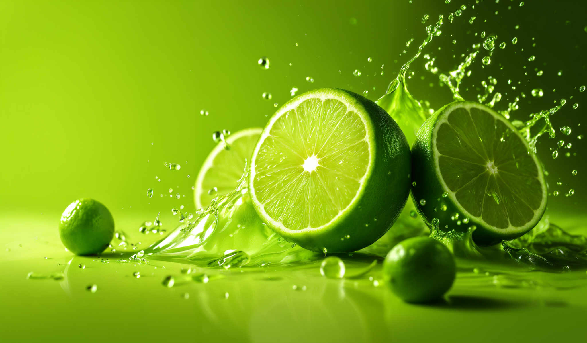 The image showcases vibrant shades of green, predominantly in the background and on the water droplets. The main focus is on a freshly cut lime, which is split in half, revealing its juicy, translucent interior. Water droplet splashes are seen around the lime and other smaller limes, creating a dynamic and refreshing visual. The overall shape is organic, with the limes having a round and slightly curved form.