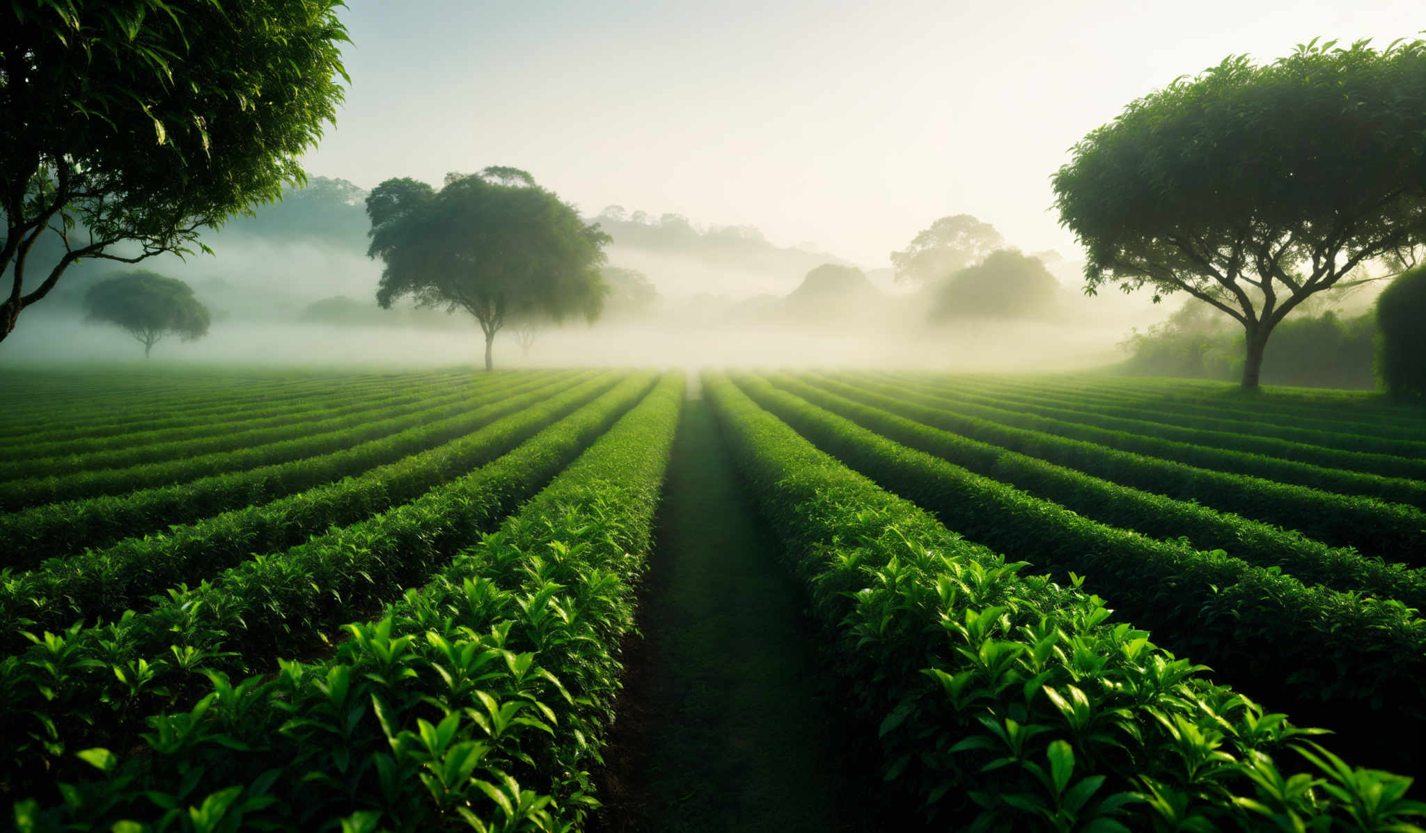 The image showcases a serene landscape of a tea plantation. The dominant colors are varying shades of green, representing the lush tea bushes. The bushes are organized in neat rows that converge towards the center, creating a perspective that draws the viewer's eye into the distance. On the left, there's a large tree with a rounded canopy, and in the background, a series of hills or mountains are partially obscured by a soft mist. The overall atmosphere is calm and peaceful, with the sunlight filtering through the mist, casting a soft glow over the scene.