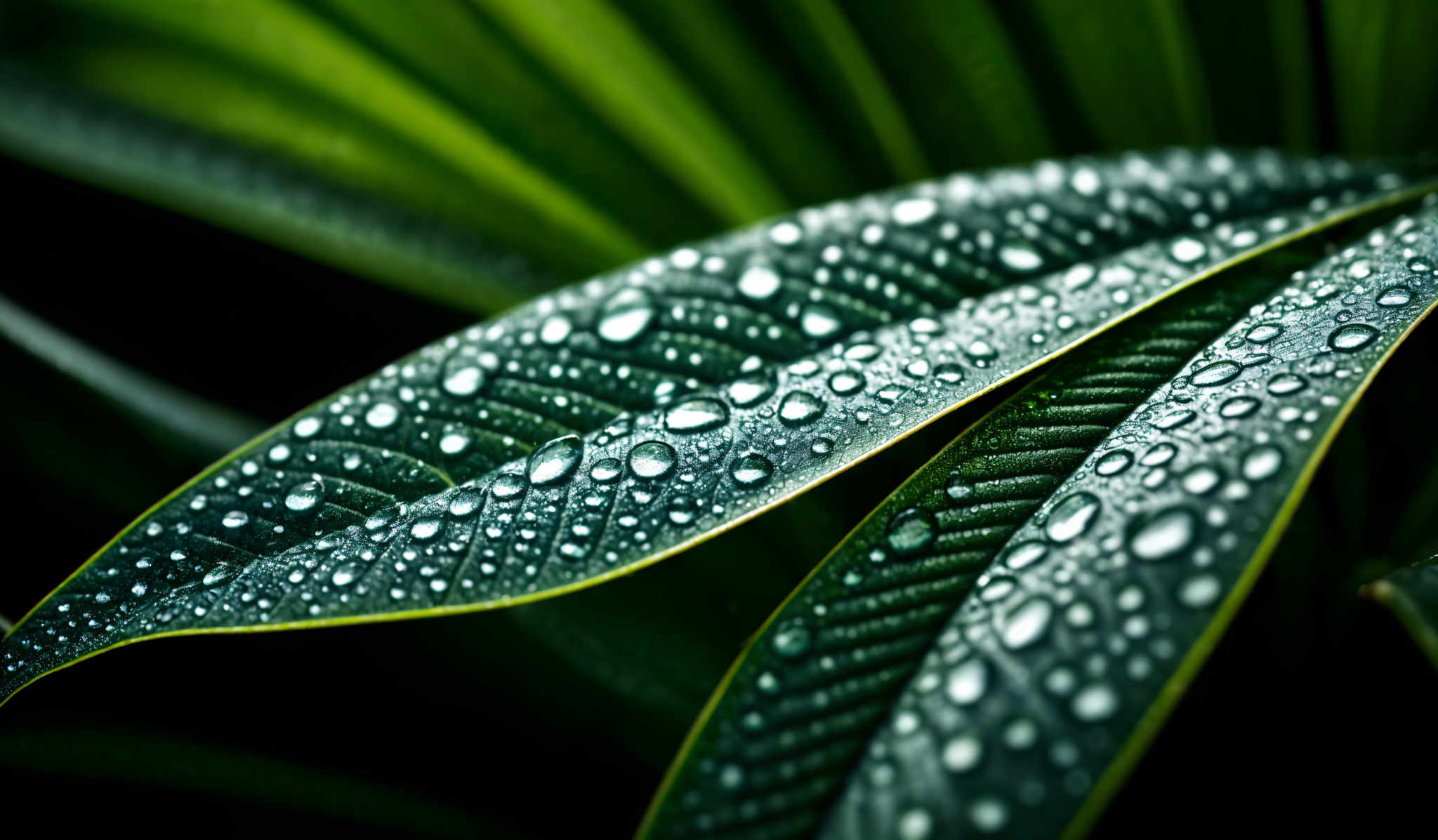 The image showcases vibrant green leaves, possibly belonging to a tropical plant. These leaves are covered in numerous water droplets, which glisten under the light, reflecting a shimmering silver hue. The droplet arrangement is dense, with some larger droplettes and many smaller ones, creating a mesmerizing pattern. The leaves have a smooth texture, and the veins are clearly visible, giving depth and structure to the leaf.