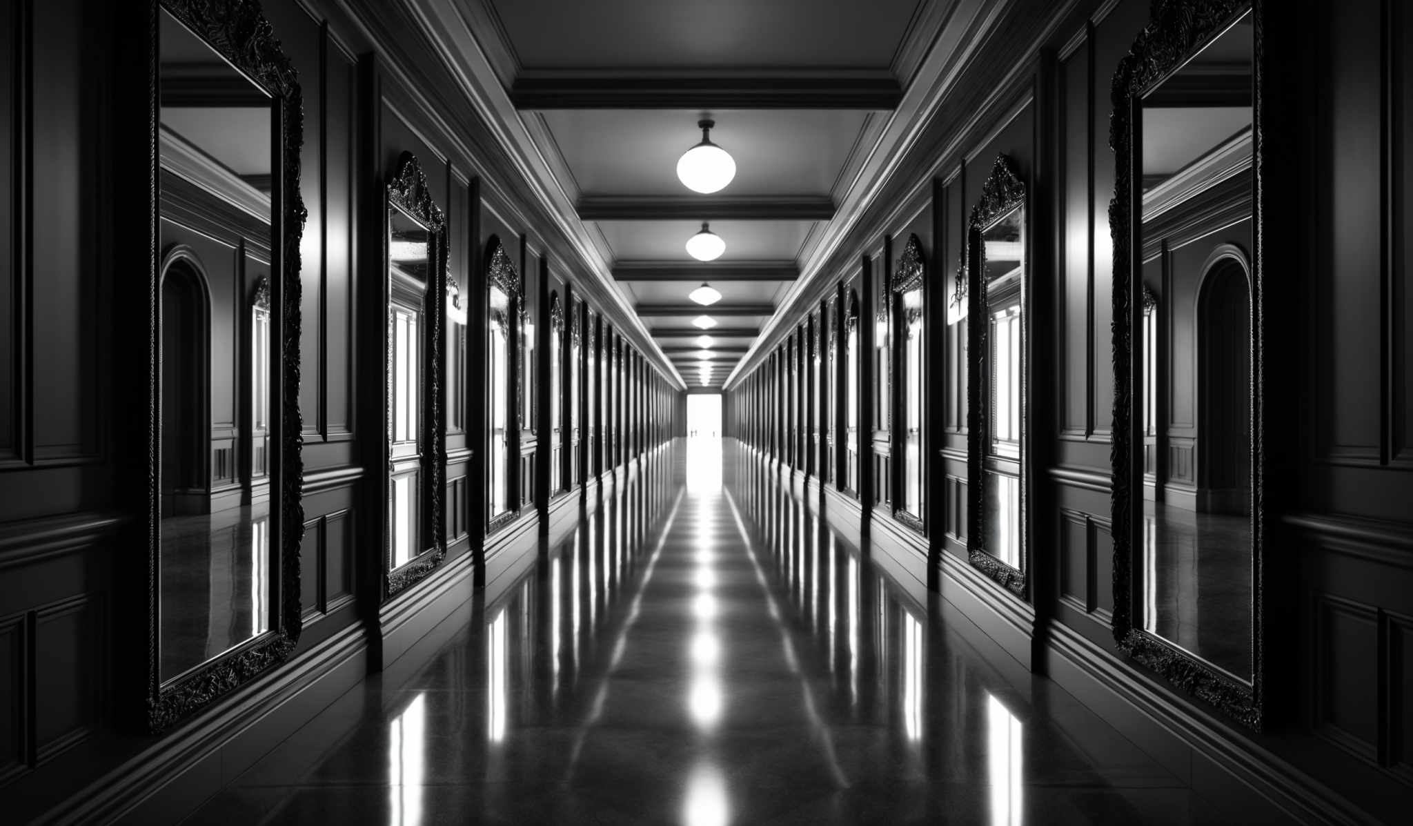 The image is in black and white, showcasing a long corridor with symmetrical design. The corridors are lined with ornate mirrors on both sides, reflecting the ceiling lights and the walls. The ceiling is adorned with spherical light fixtures, and the floor appears to be polished and shiny. The perspective of the image gives a sense of depth, with the corridory seemingly extending into the distance.