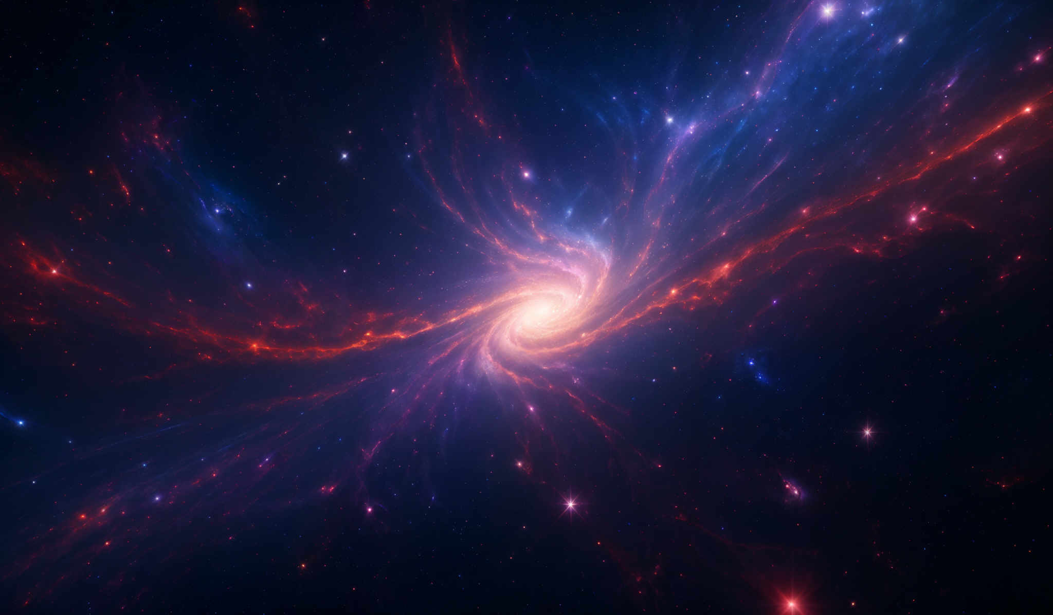 The image showcases a mesmerizing cosmic scene. Dominating the center is a radiant, glowing white star or galaxy, surrounded by swirling patterns of vibrant colors, including deep blues, fiery reds, and purples. These colors likely represent different gases and cosmic phenomena. The swirls and patterns give the impression of dynamic energy and movement, suggesting the presence of strong magnetic fields or the motion of celestial bodies. The vastness of space is filled with numerous distant stars, adding depth and dimension to the scene.