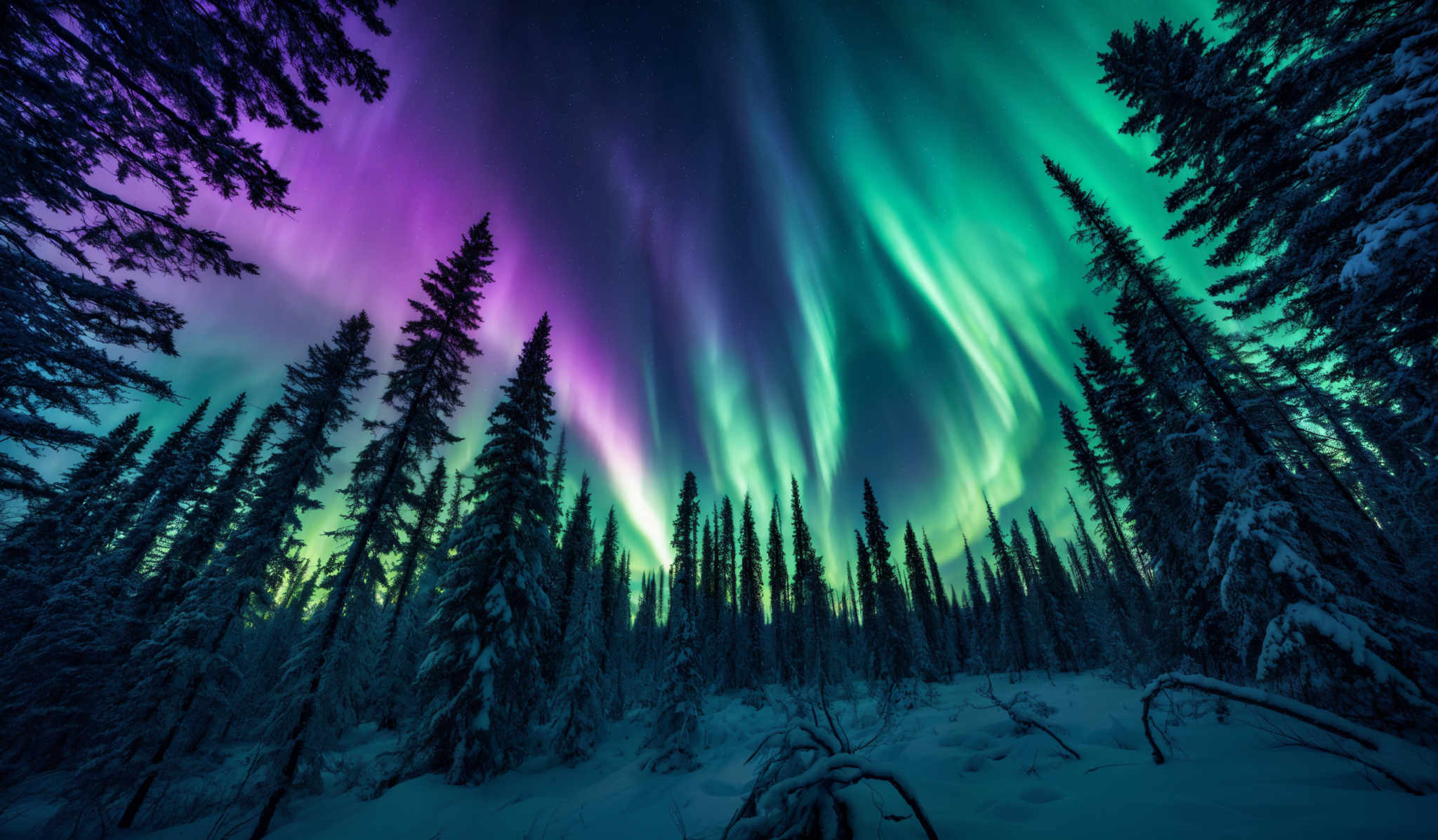 The image showcases the mesmerizing colors of the Northern Lights, also known as the Aurora Borealis. These lights display a vibrant mix of purples, blues, and greens, creating an ethereal dance across the night sky. The shape of the lights is wavy and streaks, flowing gracefully in the direction of the Earth's magnetic field. Below the sky, a dense forest of tall pine trees is covered in snow, their branches weighed down by the accumulated snow. The trees stand tall and majestic, framing the spectacle of the Auroras. The ground is blanketed in a thick layer of snow, with some areas showing patches of bare ground or exposed tree roots.