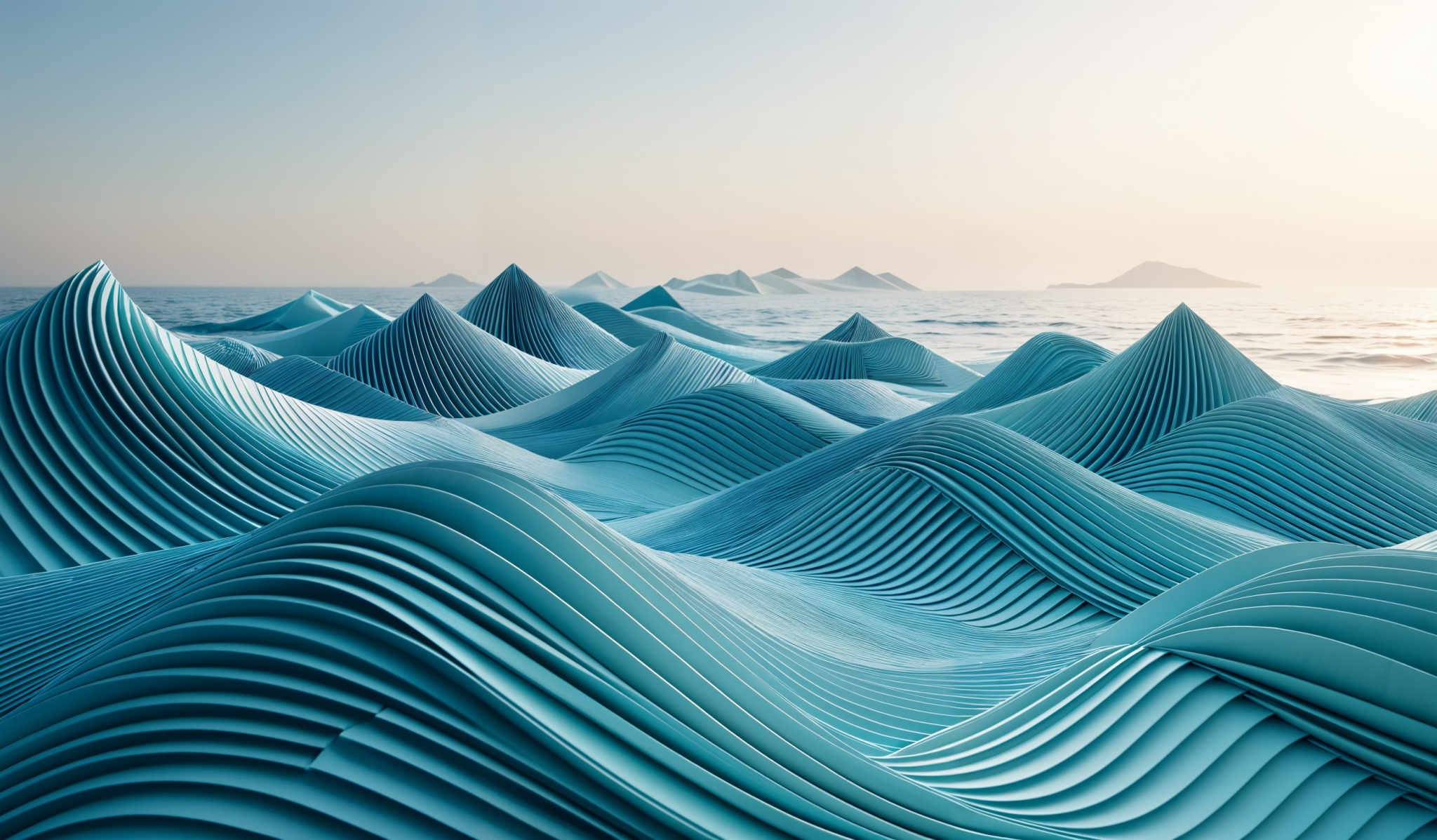 The image showcases a series of undulating, wave-like structures in varying shades of blue. These structures appear to be made of a material that has a smooth, reflective surface. The waves are layered, with each one having a distinct ridge pattern. In the background, there's a serene seascape with calm waters and distant islands or mountains. The sky is clear with a hint of a sunset or sunrise, casting a soft glow over the scene.