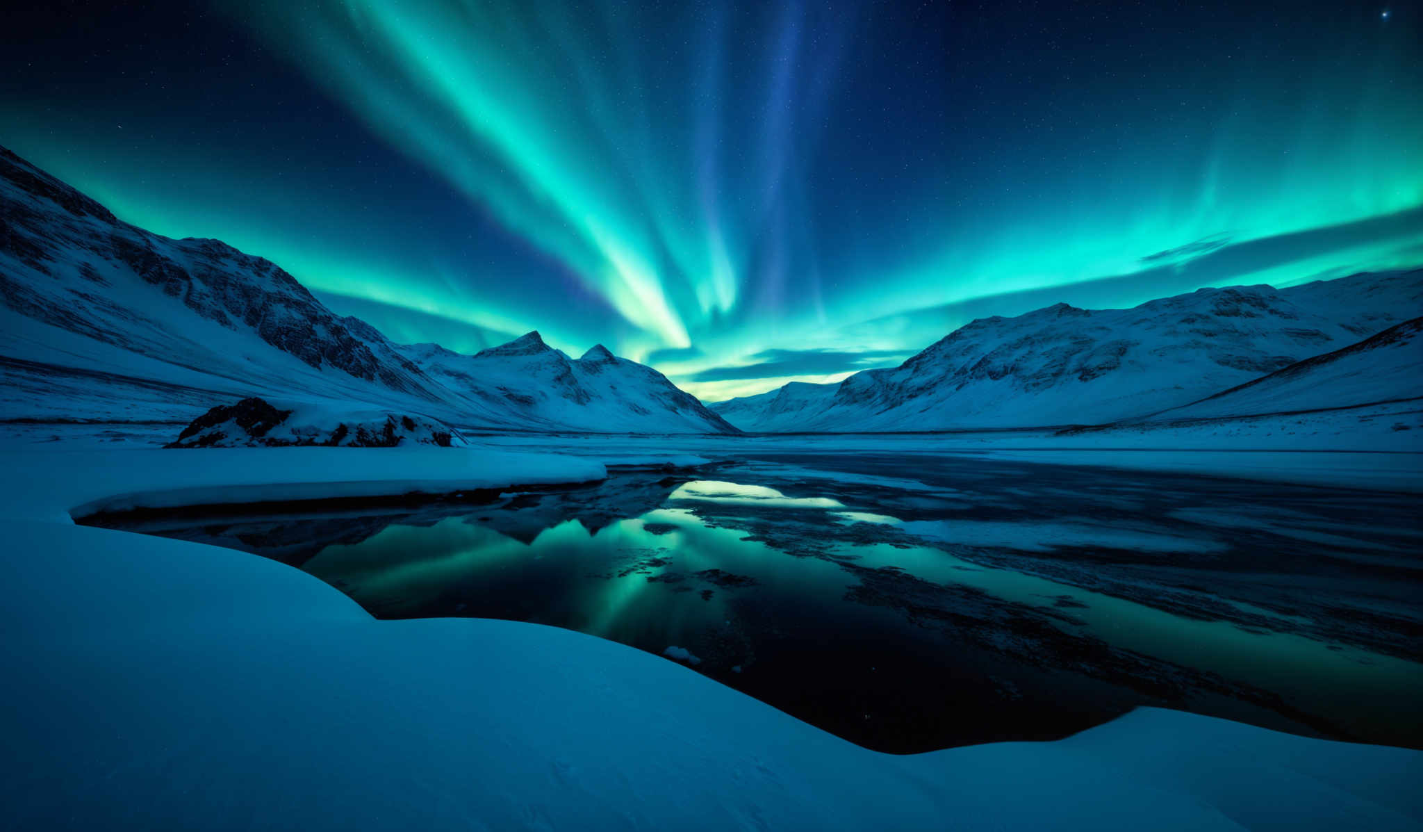 The image showcases a breathtaking view of the Northern Lights, also known as the Aurora Borealis. These lights display a vibrant array of colors, predominantly shades of green and blue, dancing across the night sky. The lights are reflected in a calm body of water below, creating a mirrored effect. The landscape is dominated by snow-covered mountains, with their rugged peaks standing tall against the backdrop of the aurora. The sky is dotted with stars, adding to the ethereal beauty of the scene.