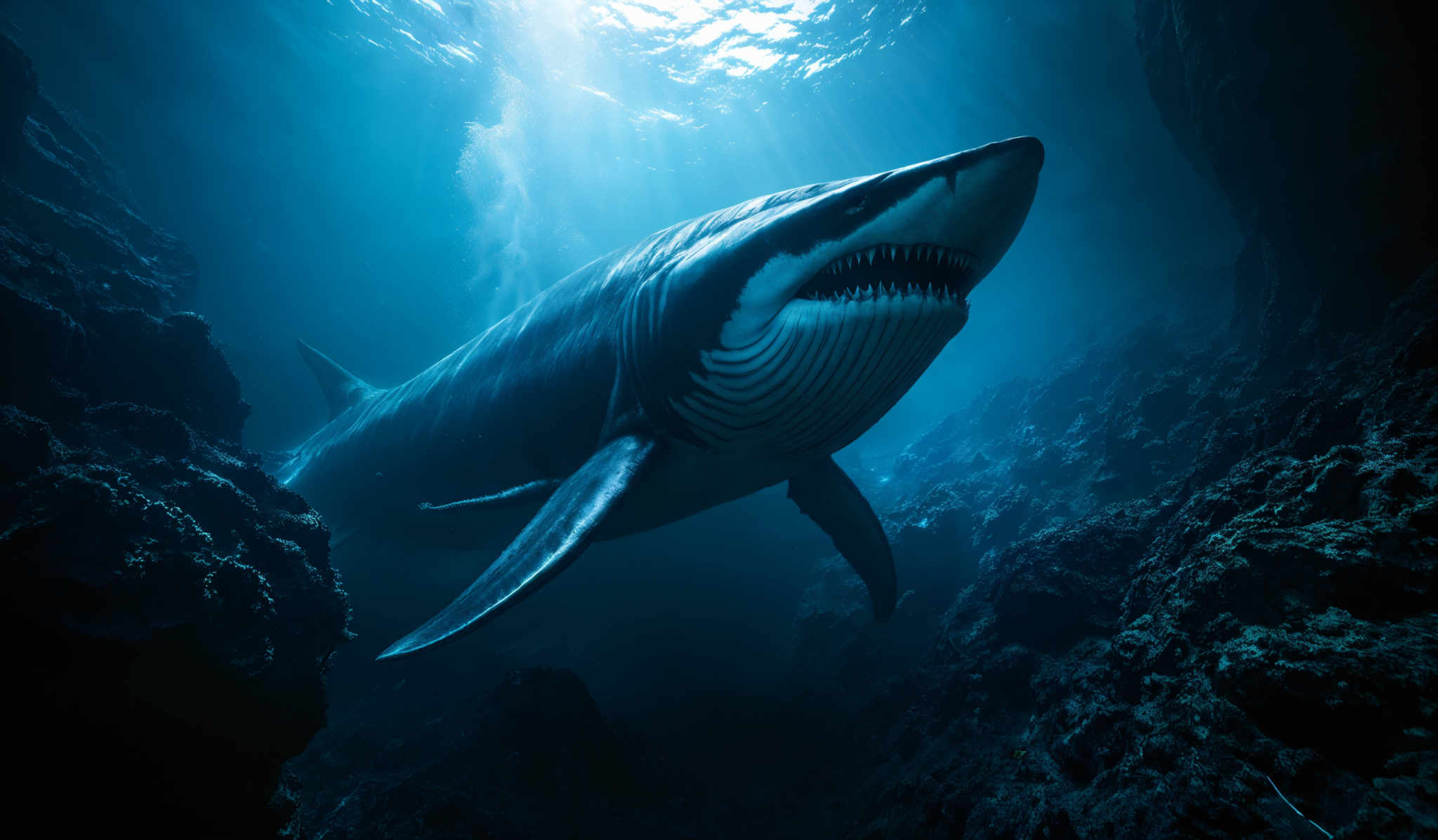 The image showcases a large shark swimming in an underwater environment. The shark has a streamlined body with a pointed snout and sharp teeth visible in its open mouth. Its skin appears to be a mix of dark and light shades, possibly indicating the play of light filtering through the water. The surrounding environment is deep blue, with rocky formations on either side. Sunlight can be seen filtering from above, creating a serene yet mysterious ambiance.