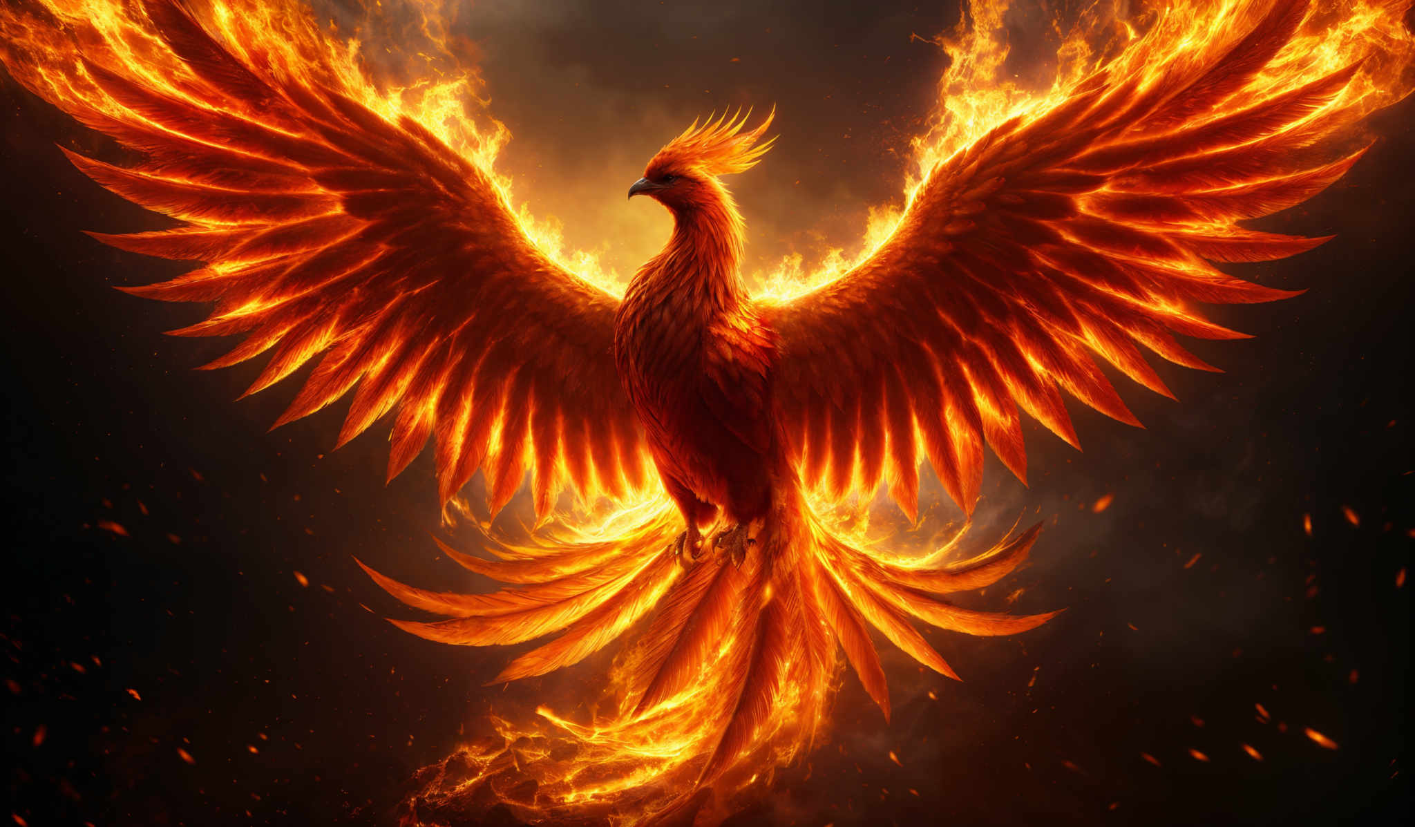 The image showcases a vibrant and fiery depiction of a bird, specifically resembling a phoenix. The bird is in a dynamic pose with its wings spread wide, showcasing a brilliant display of flames that emanate from its body and feathers. The flames are a fiery orange and red, contrasting starkly against the dark, stormy background. The feathers of the bird are also engulfed in the flames, giving the bird an ethereal and majestic appearance.