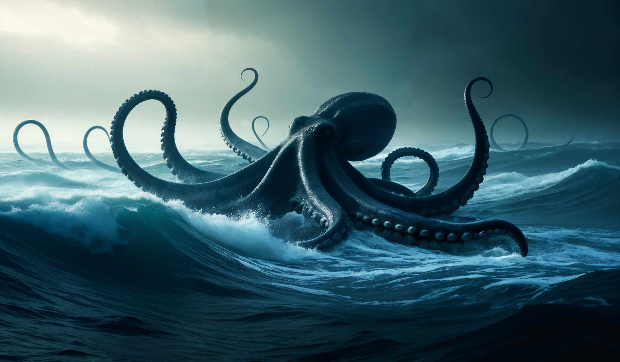 The image showcases a massive octopus emerging from the turbulent waters. The octopus has multiple tentacles, each adorned with suction cups. The color palette is dominated by deep blues and grays, creating a moody and atmospheric ambiance. The waves are rough, with white foam crashing, and the sky above is overcast, suggesting a stormy environment.