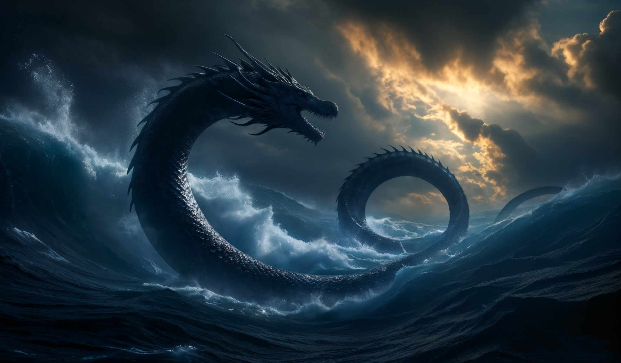 The image showcases a massive serpentine creature, possibly a dragon, emerging from turbulent waters. The creature has a dark, scaly body with sharp, spiky features. Its head is raised, displaying menacing eyes and teeth. The waters around the creature are tumultuous, with waves crashing and foam splashing. The sky above is dramatic, with dark storm clouds contrasting with patches of golden sunlight breaking through.