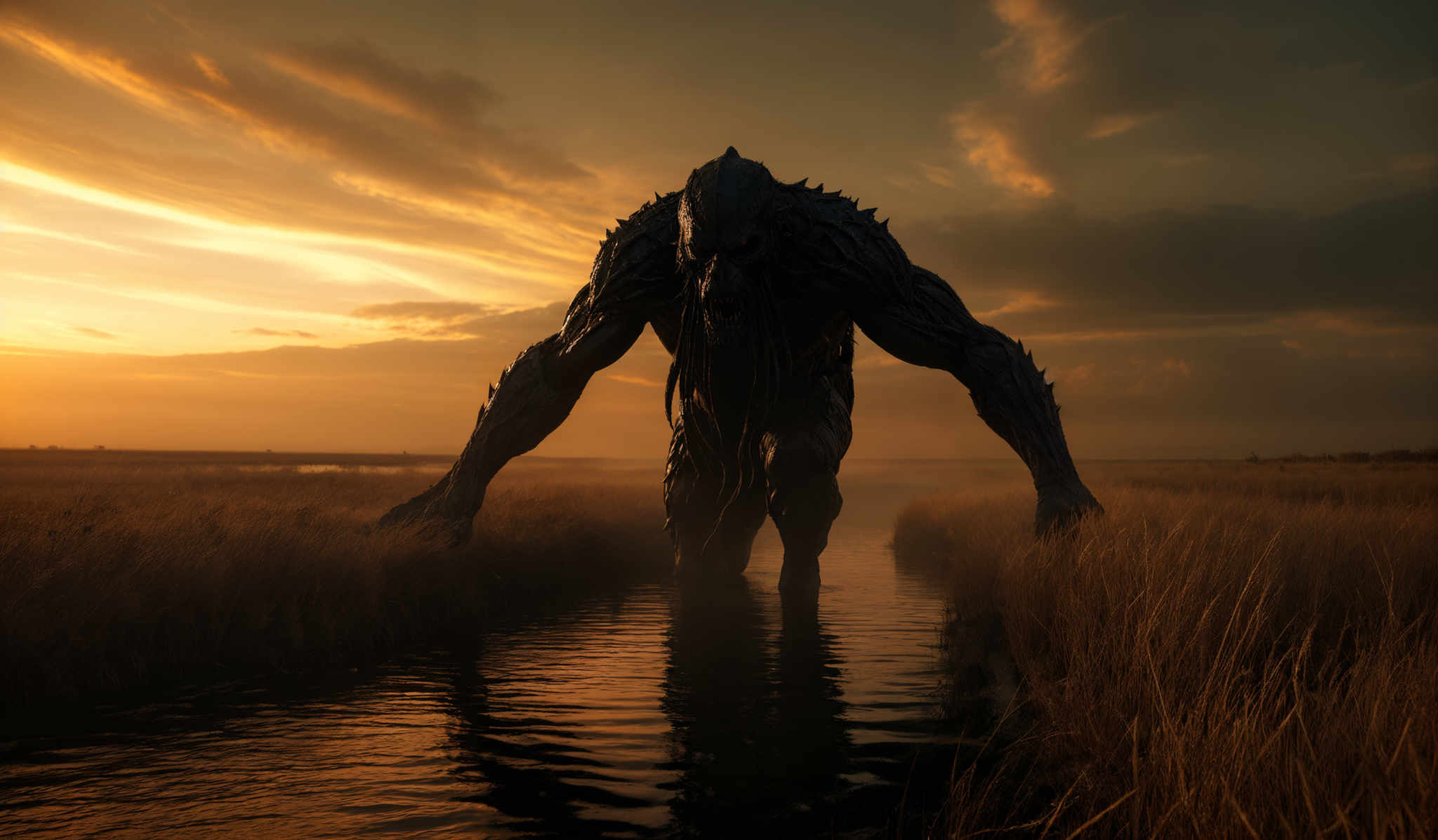 The image showcases a vast landscape with tall grasses swaying in the wind. The sky is painted with hues of orange, yellow, and gray, indicating either a sunrise or sunset. Dominating the foreground is a massive, dark creature with intricate details, sharp edges, and long tendrils. The creature appears to be emerging from the water, with its reflection visible beneath. The overall mood of the image is eerie and mysterious.