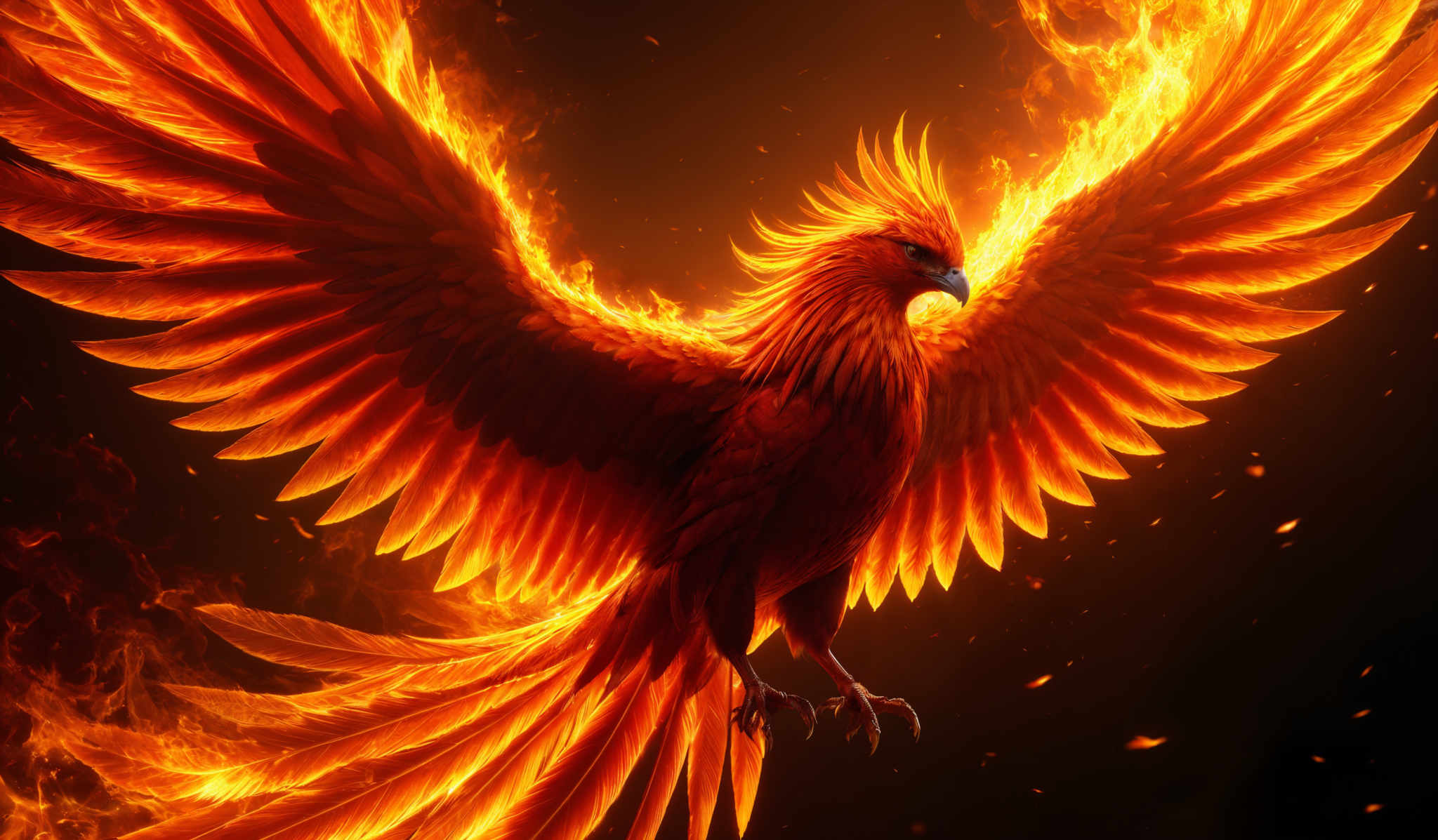 The image showcases a vibrant and majestic bird, which appears to be a phoenix. The bird is depicted in a dynamic pose with its wings spread wide, showcasing a brilliant display of fiery orange and red hues. The flames emanating from the bird's wings and tail create a striking contrast against the dark background. The intricate details of the bird, such as its feathers and beak, are rendered with precision, giving it a lifelike appearance.