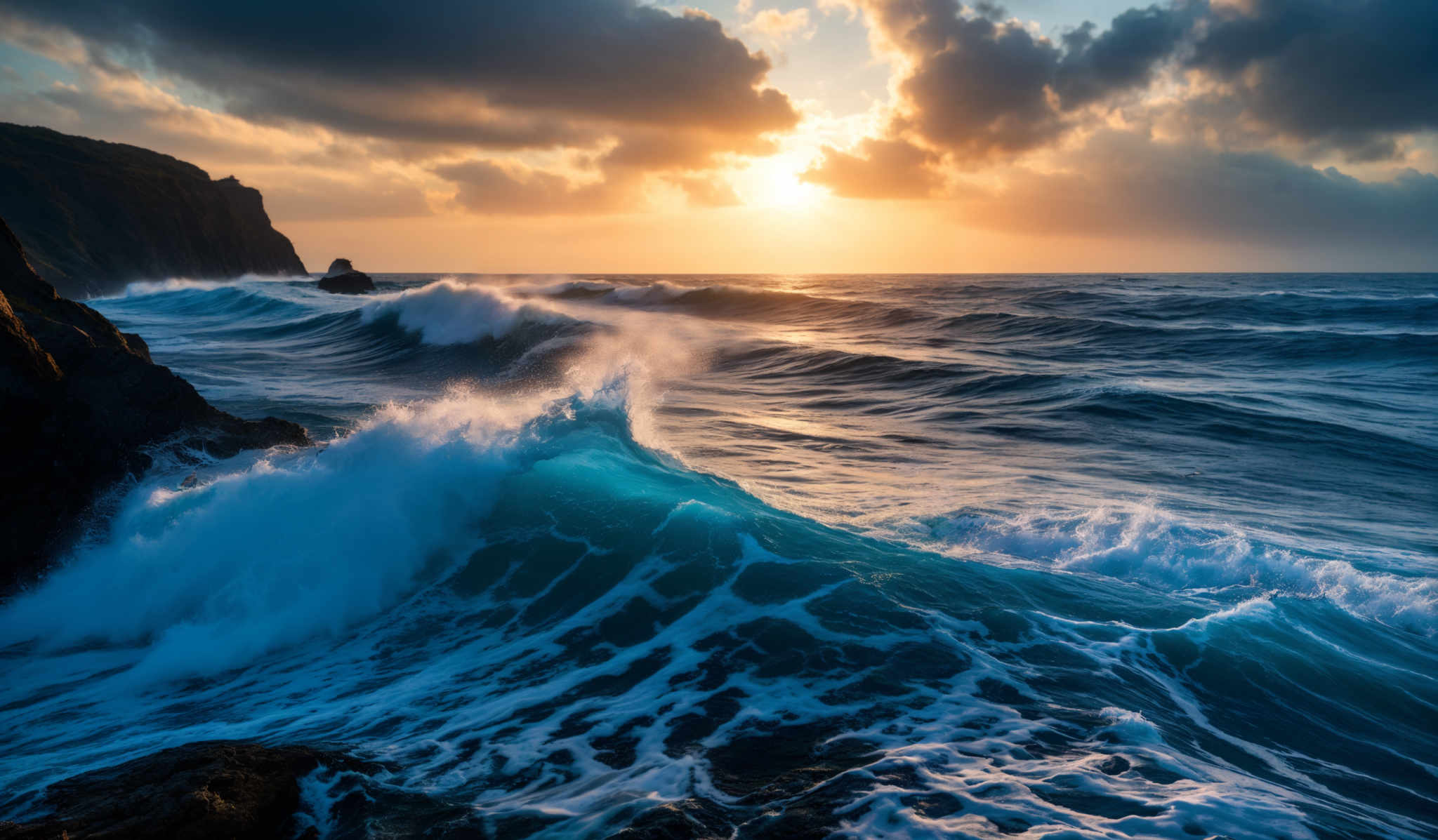 The image showcases a dramatic seascape during sunset or sunrise. The sky is painted with hues of orange, yellow, and blue, with dark clouds scattered around. The sun is partially visible, casting a warm glow over the scene. The sea is turbulent, with waves crashing against the rocky shoreline. The waves have a beautiful blue hue, contrasting with the darker shades of the ocean and the dark cliffs on the left. The cliffs are steep and rugged, with some vegetation visible. The overall mood of the image is one of awe and nature's power.