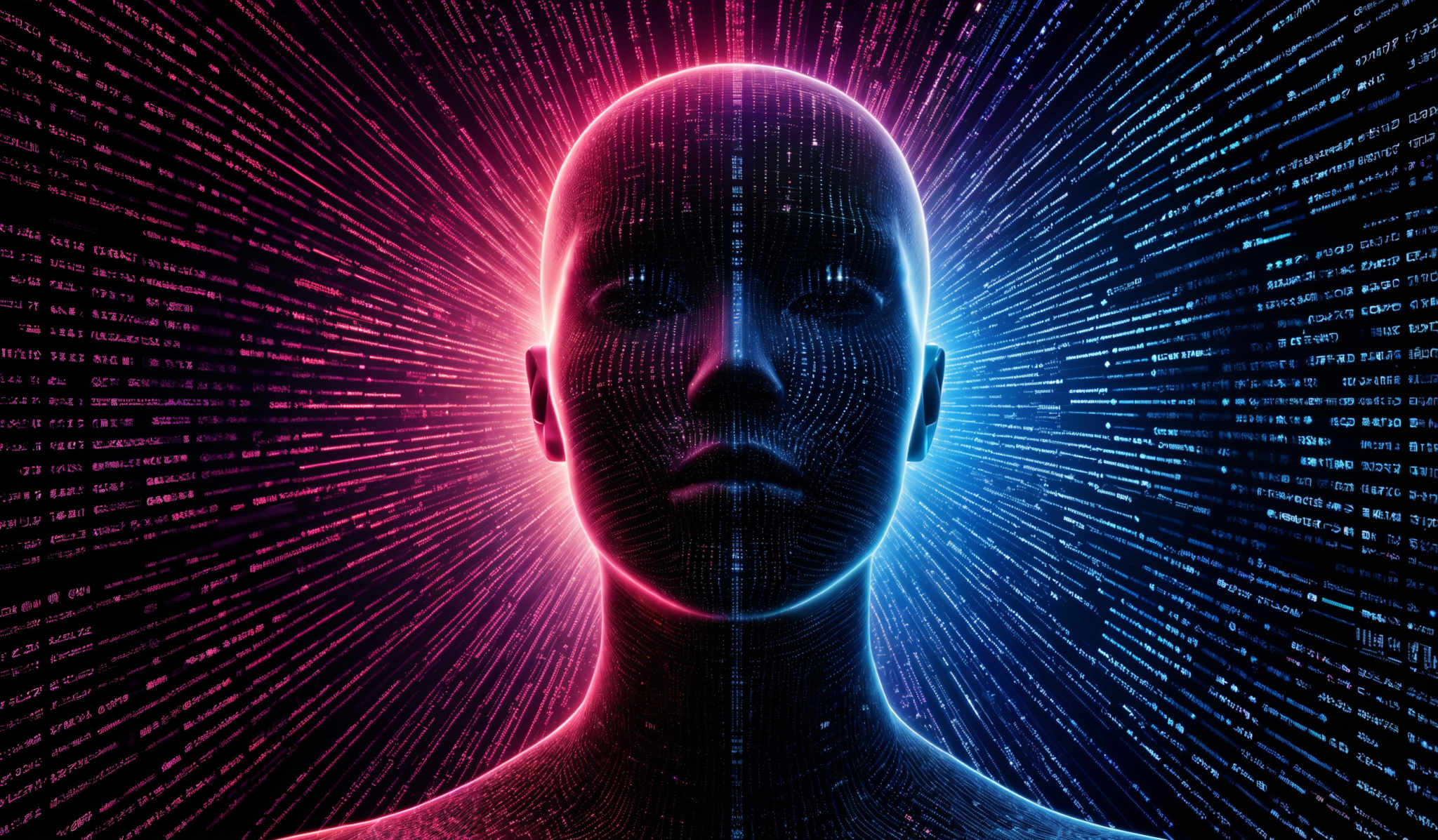 The image showcases a 3D representation of a human head, intricately detailed with a digital, matrix-like pattern. The head is bathed in a vibrant spectrum of colors, predominantly red and blue, which radiate outward in a radial manner. The colors transition smoothly from one hue to another, creating a visually stunning effect. The digital pattern on the head appears to be made up of binary codes, further emphasizing the theme of technology and digital transformation.