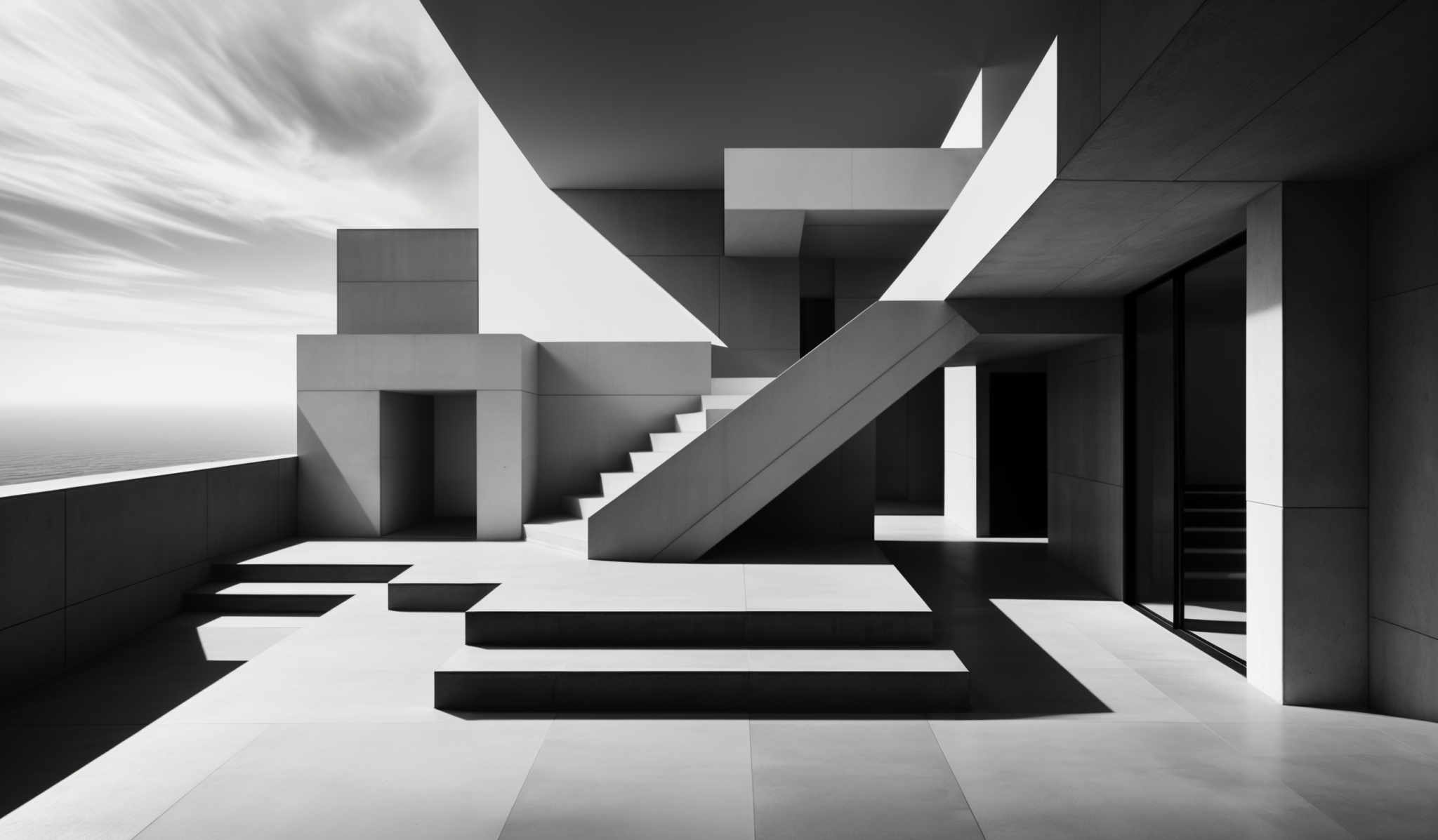 The image showcases a modern architectural design with predominantly grayscale tones. The structure consists of geometric shapes, including rectangles, squares, and angular forms. The staircase is a notable feature, with its angular design leading upwards. The flooring appears to be made of large, smooth tiles. The sky in the background is vast and cloudy, with streaks of light suggesting either a sunrise or sunset. The overall mood of the image is serene and minimalist, emphasizing the architectural beauty and the interplay of light and shadow.