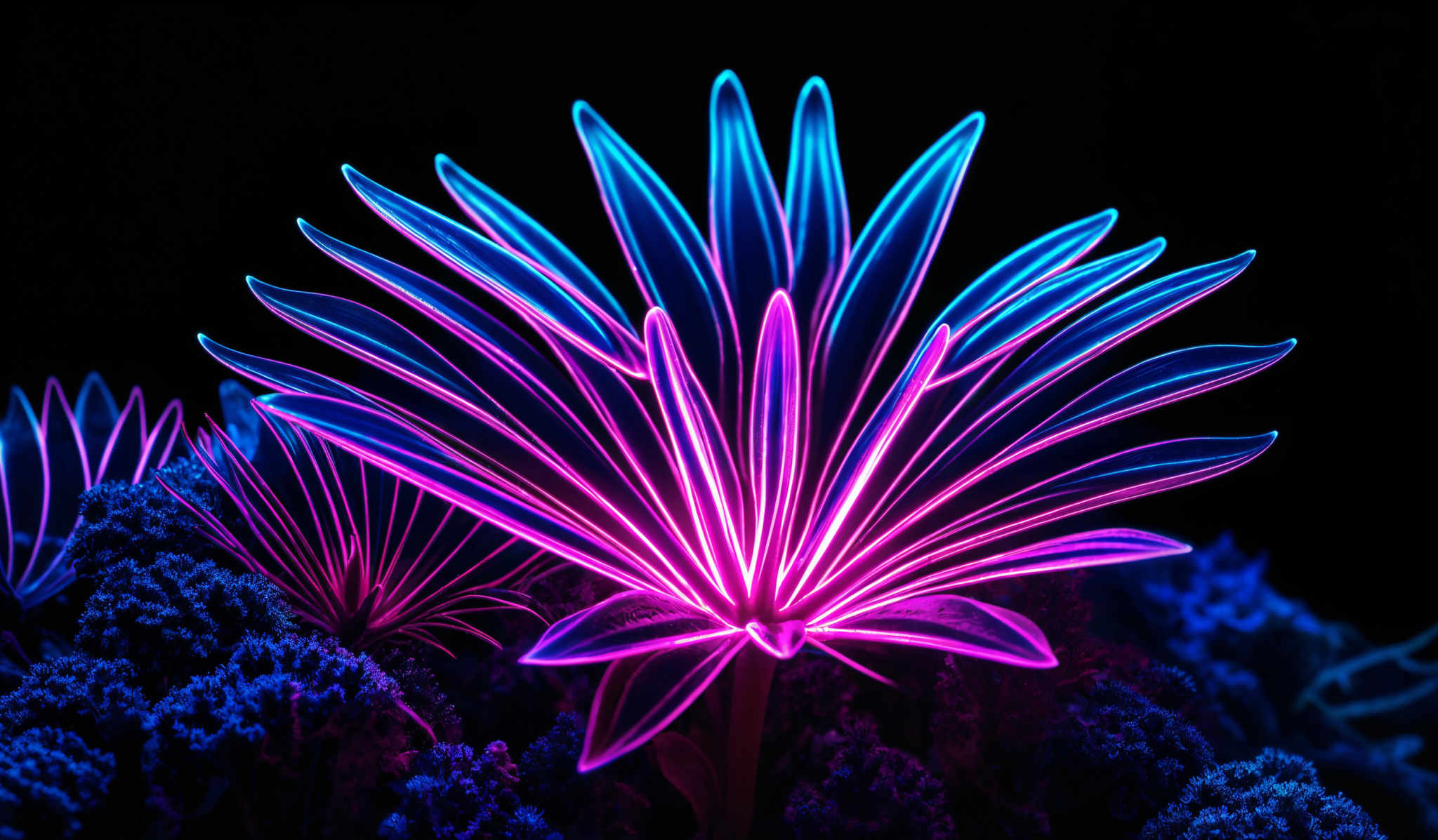 The image showcases vibrant neon colors, predominantly shades of blue and pink. The main subject is a flower-like shape with elongated petals radiating outwards. The petals are illuminated with a bright blue glow, contrasting with the dark background. Surrounding the main flower are smaller, denser clusters of similar neon-colored foliage. The entire scene is bathed in a surreal, otherworldly light, giving it a dreamy and ethereal quality.