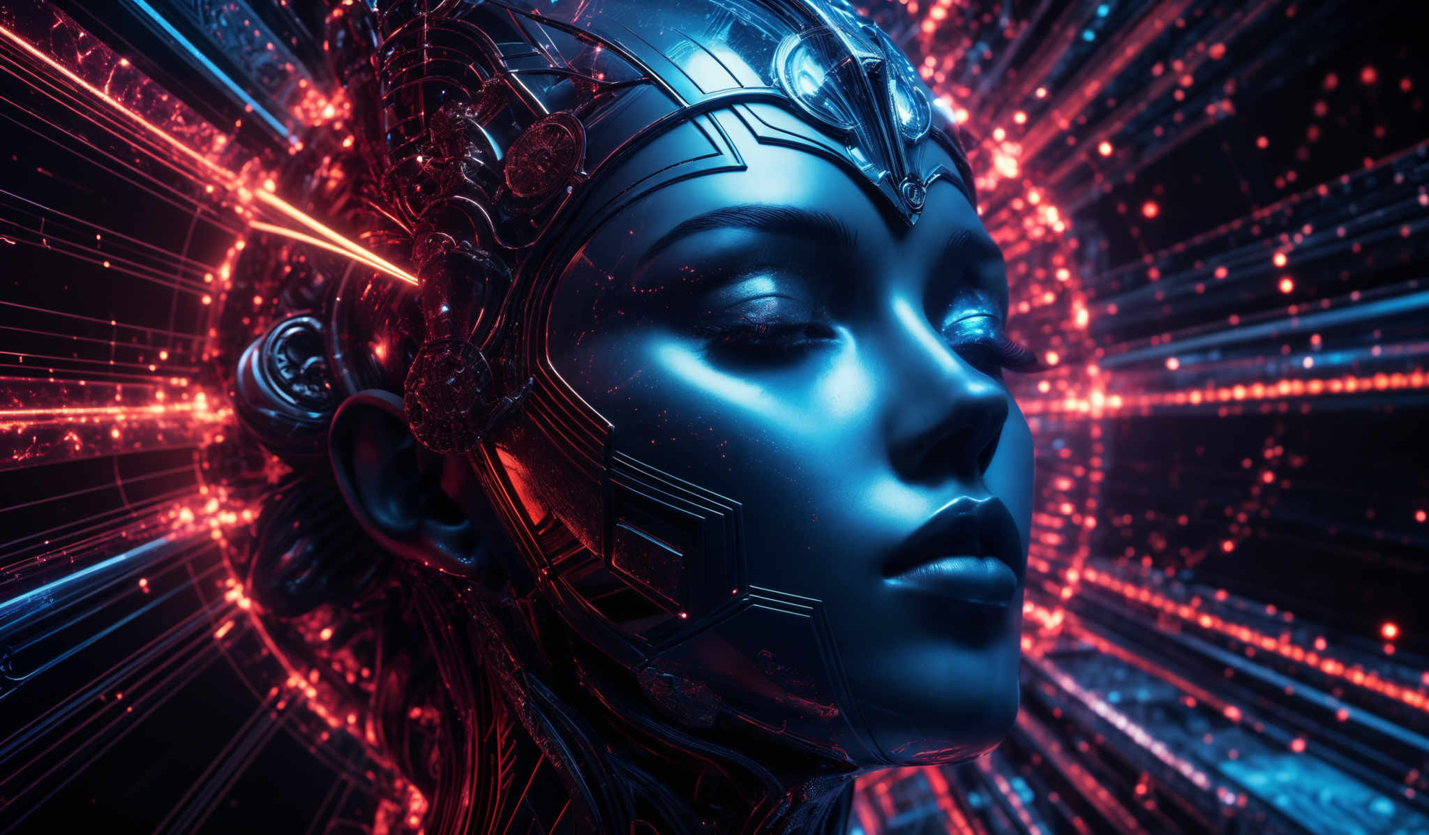 The image showcases a close-up of a female figure's face, intricately adorned with a metallic headpiece. The headpieace is ornate, with intricate designs and patterns, and it appears to be made of a silver or metallurgic material. The face is illuminated with a vibrant blue light, giving it a serene and ethereal appearance. Surrounding the face are vivid red and blue digital patterns, resembling a digital or virtual environment. The overall aesthetic is a blend of organic and digital elements, suggesting a fusion of human and technology.