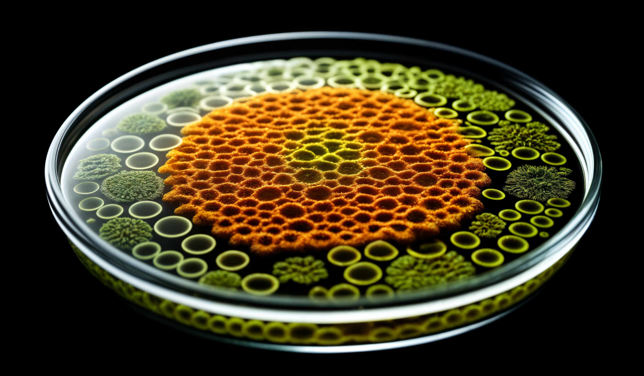 The image showcases a petri dish containing a variety of bacterial or fungal colonies. The colonies are of different shapes and sizes, with some appearing as round clusters and others as more spread out formations. The dominant color in the dish is a vibrant orange, which is concentrated in the center, while the surrounding areas have shades of green and yellow. The background is dark, which accentuates the colors and shapes of the colonies, making them pop.