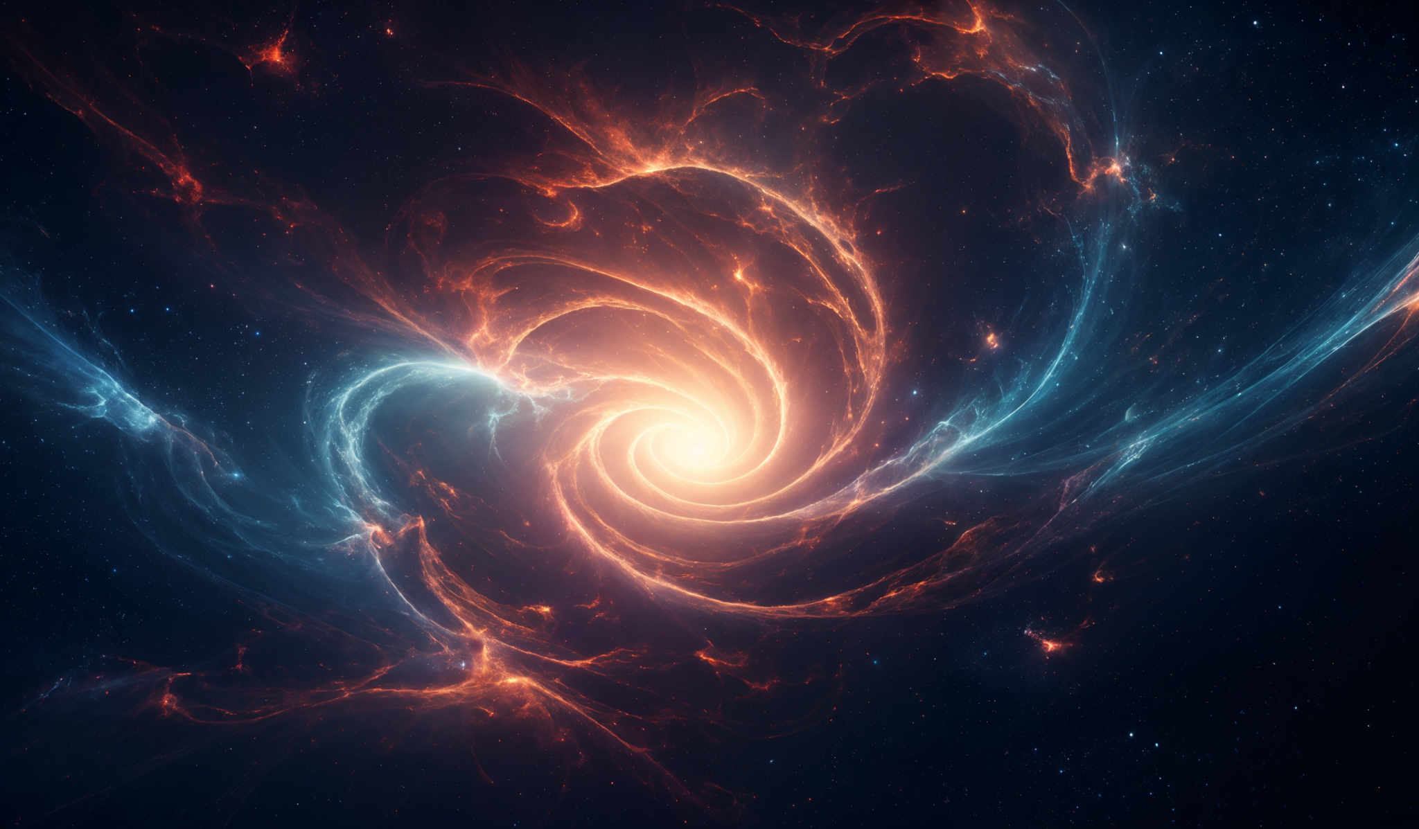 The image showcases a mesmerizing cosmic scene with swirling patterns of vibrant colors. Dominating the center is a bright, glowing white spiral, reminiscent of a galaxy or a nebula. Surrounding this central figure are swirled patterns of fiery orange and deep blue, giving the impression of cosmic energy or magnetic fields. The background is dotted with distant stars, adding depth and dimension to the scene.