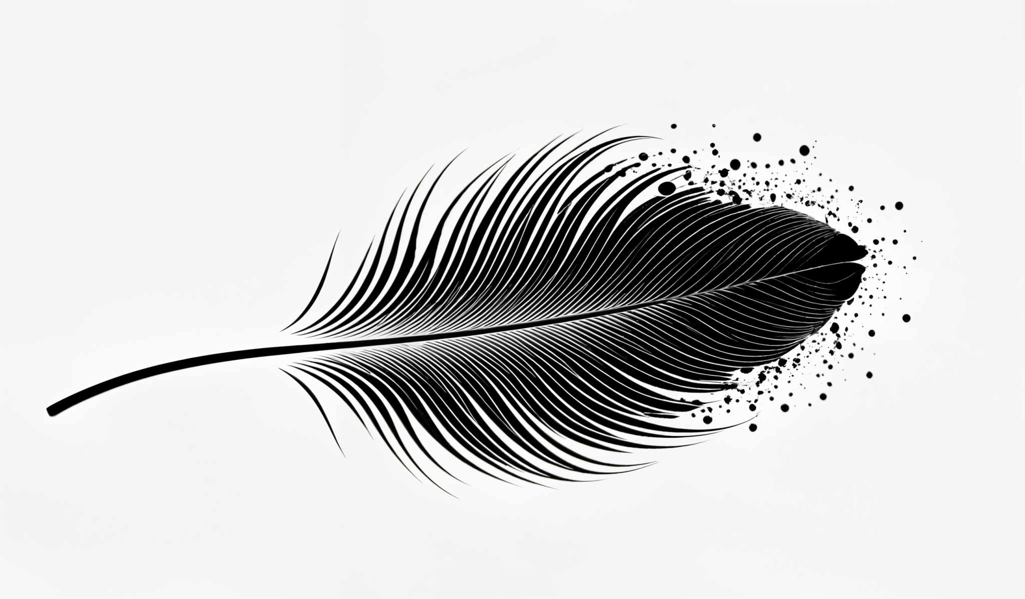 The image showcases a black and white illustration of a feather. The feather is elongated and has a symmetrical shape with fine, parallel lines running along its length. The edges of the feather are sharp, and there are small, circular ink splatters on the right side, giving it a dynamic and artistic touch.